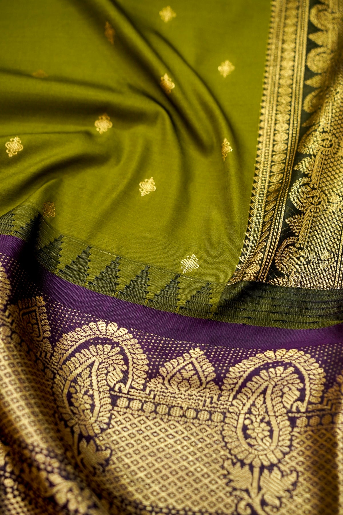 Suvarna - Olive Green Gadwal Silk Saree with Dark Purple Gold Border
