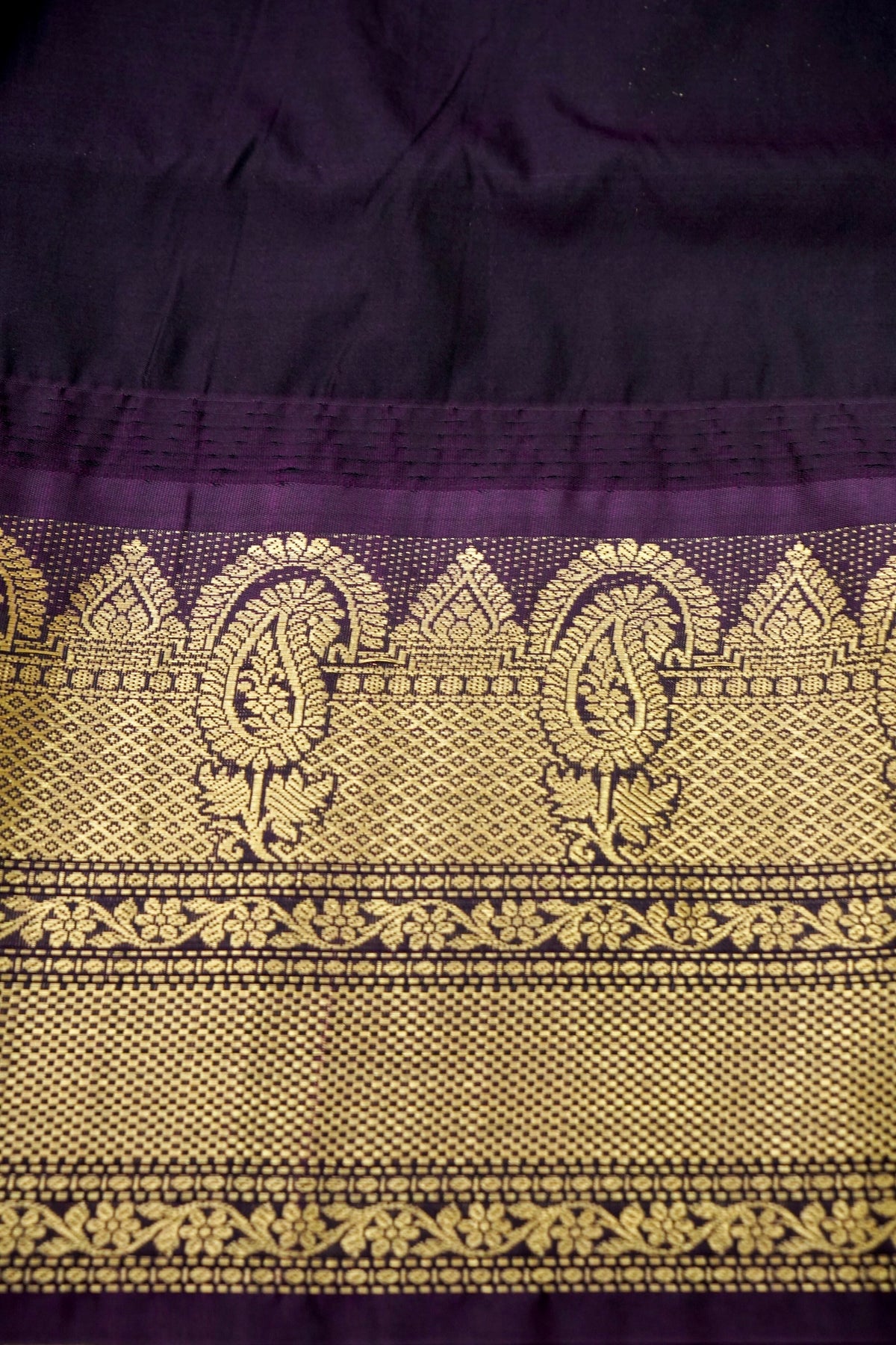Suvarna - Olive Green Gadwal Silk Saree with Dark Purple Gold Border