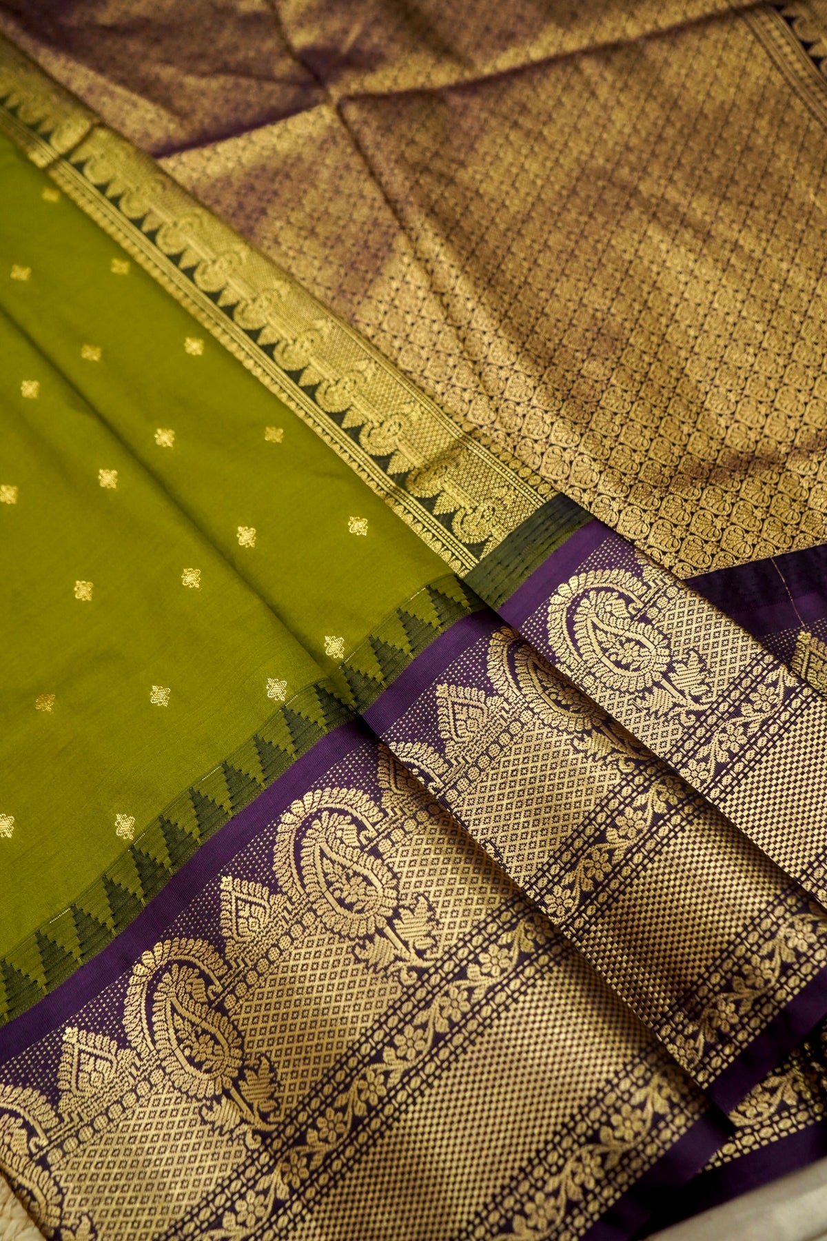 Suvarna - Olive Green Gadwal Silk Saree with Dark Purple Gold Border