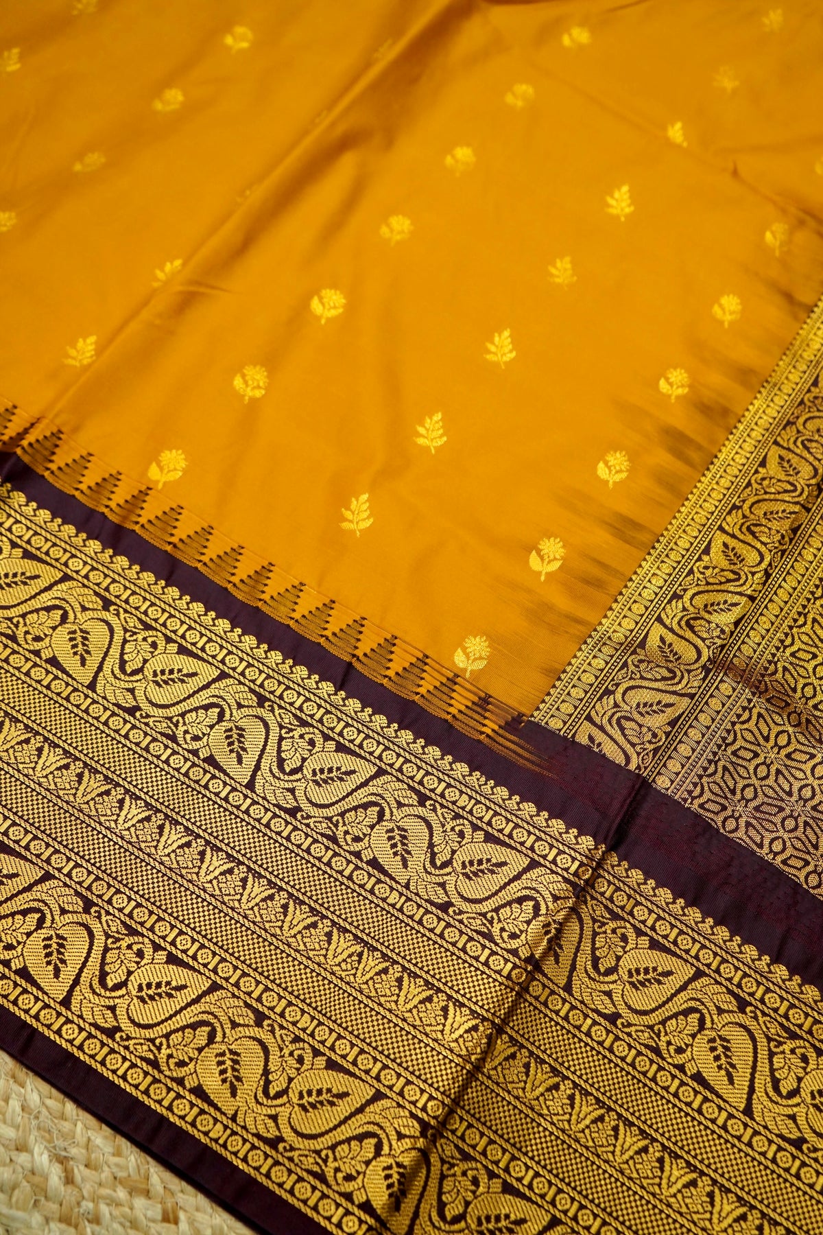 Suvarna - Mustard Orange Gadwal Silk Saree with Dark Maroon Gold Border