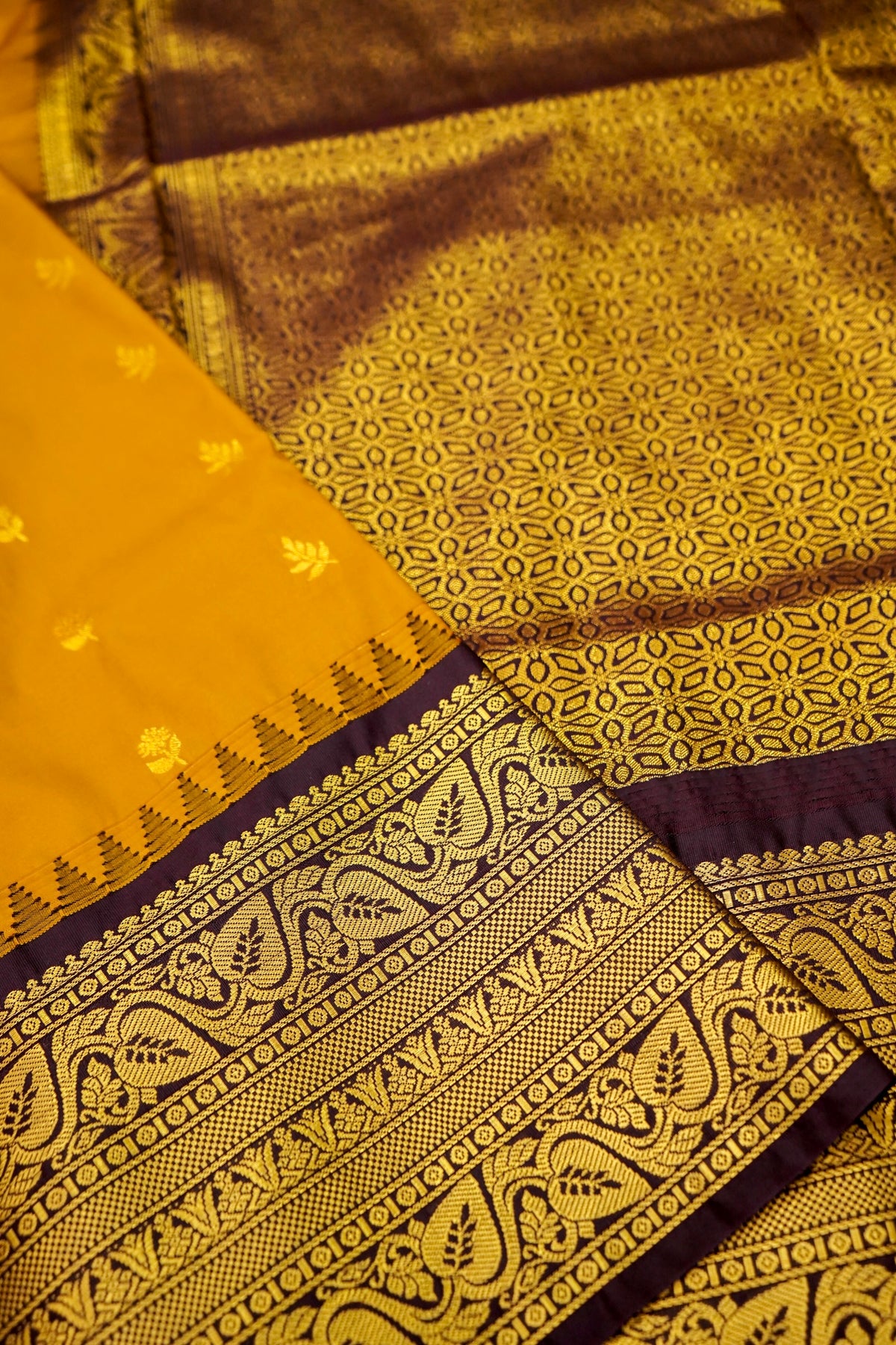 Suvarna - Mustard Orange Gadwal Silk Saree with Dark Maroon Gold Border