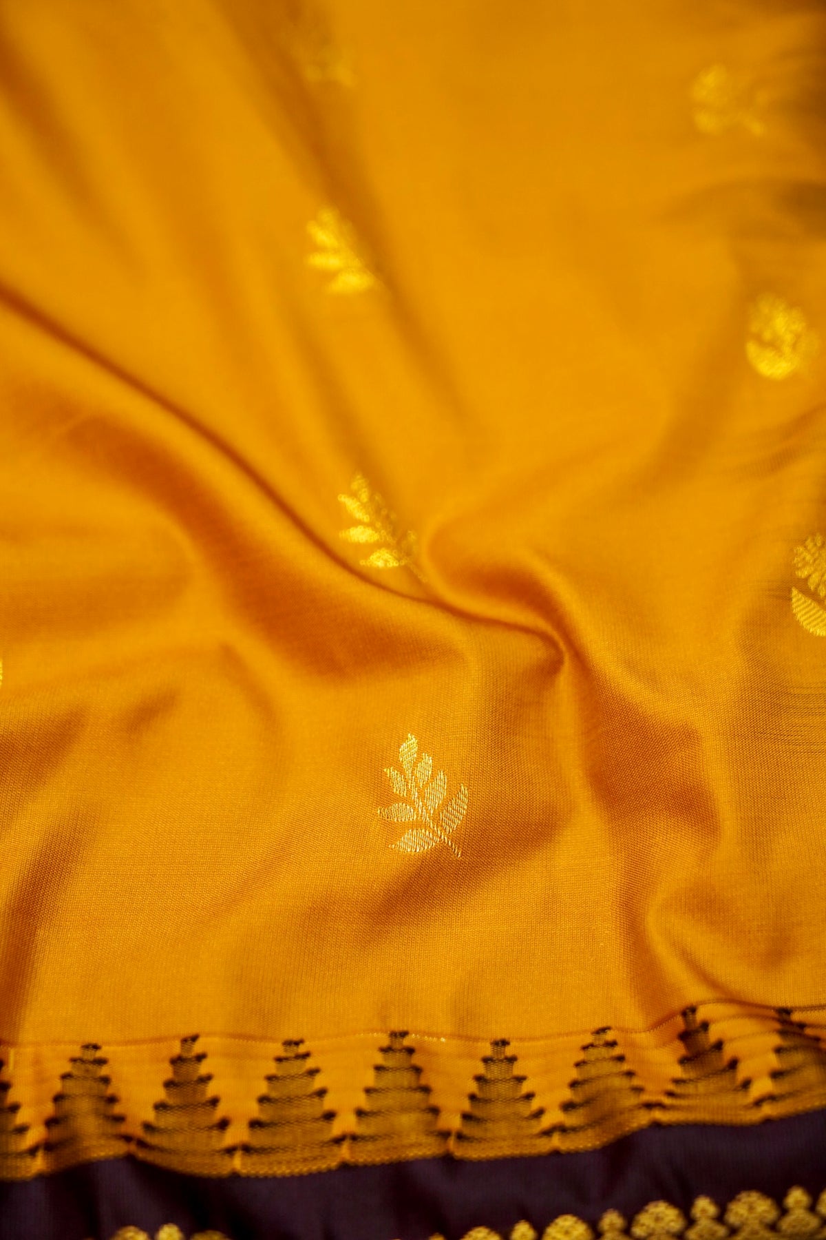 Suvarna - Mustard Orange Gadwal Silk Saree with Dark Maroon Gold Border