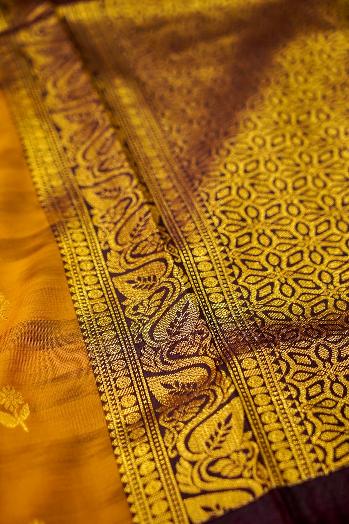 Suvarna - Mustard Orange Gadwal Silk Saree with Dark Maroon Gold Border
