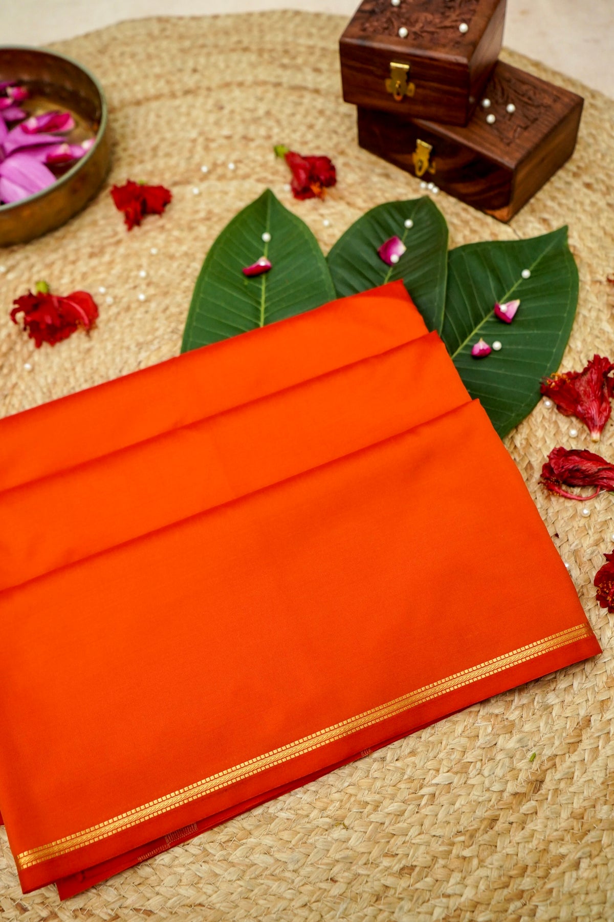 Suvarna - Vibrant Orange Mysore Crepe Silk Saree with Gold Fine Border