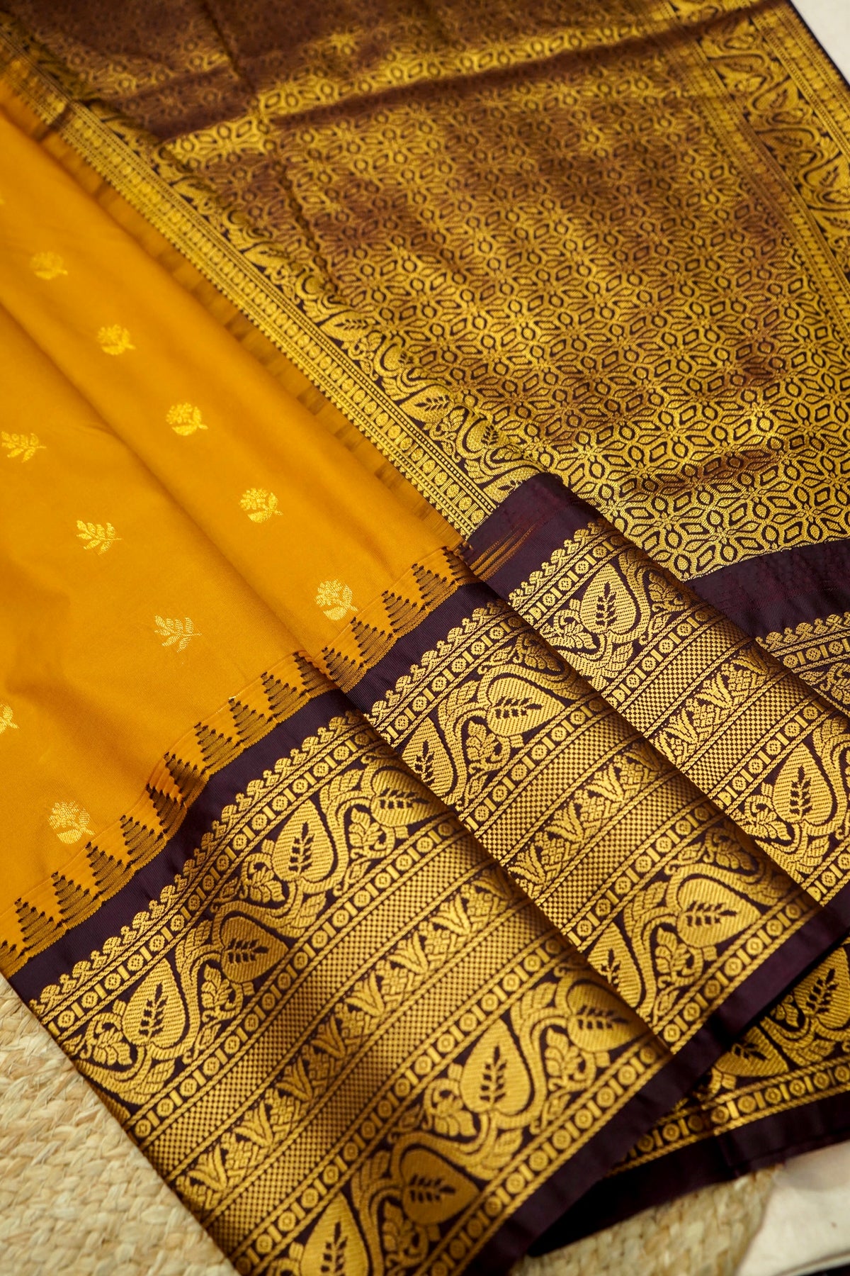 Suvarna - Mustard Orange Gadwal Silk Saree with Dark Maroon Gold Border