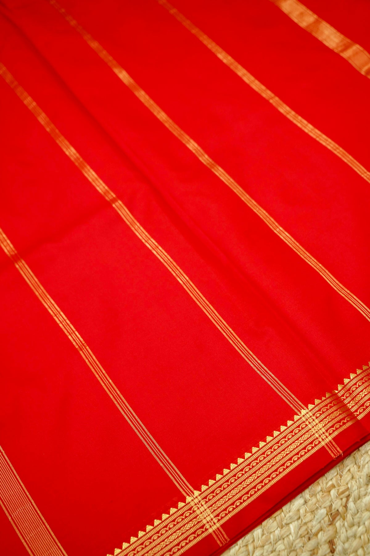 Suvarna - Bright Vermilion Red Mysore Crepe Silk Saree with Gold Kaat Border