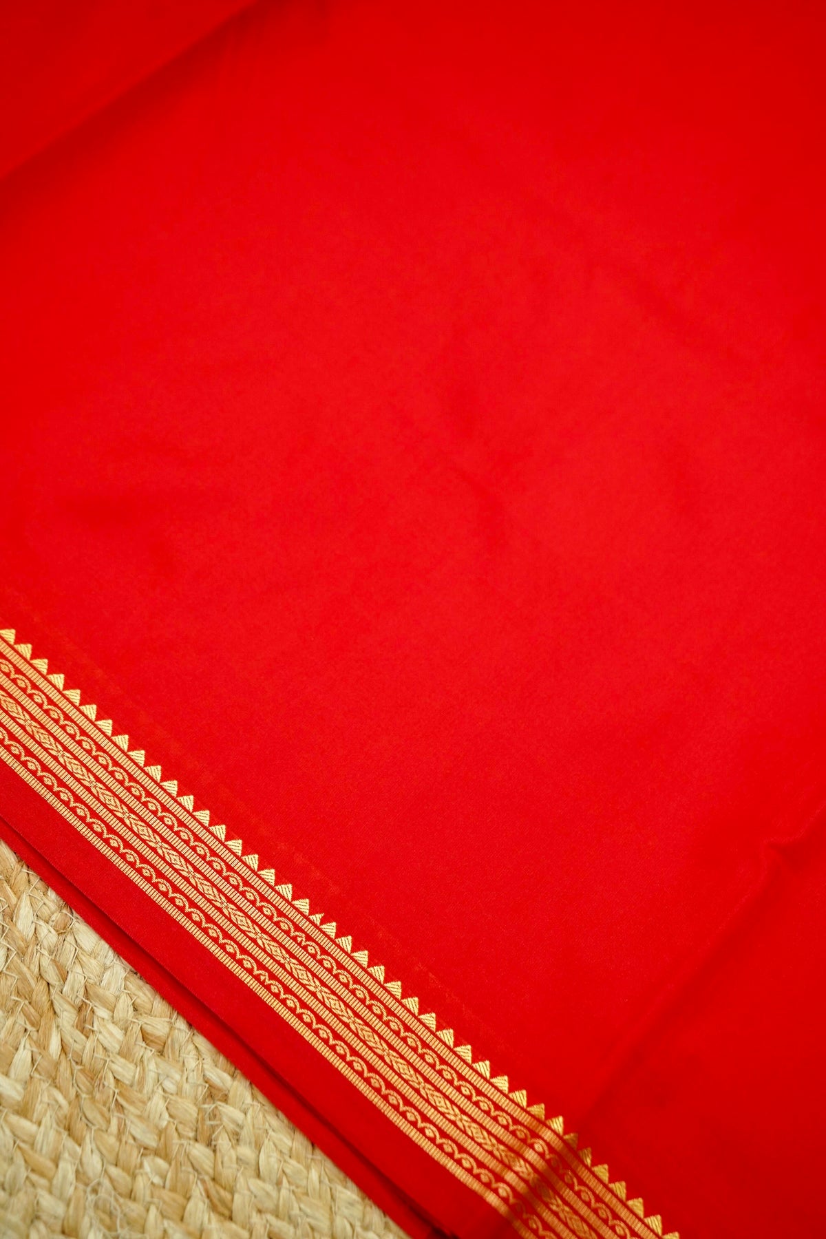Suvarna - Bright Vermilion Red Mysore Crepe Silk Saree with Gold Kaat Border