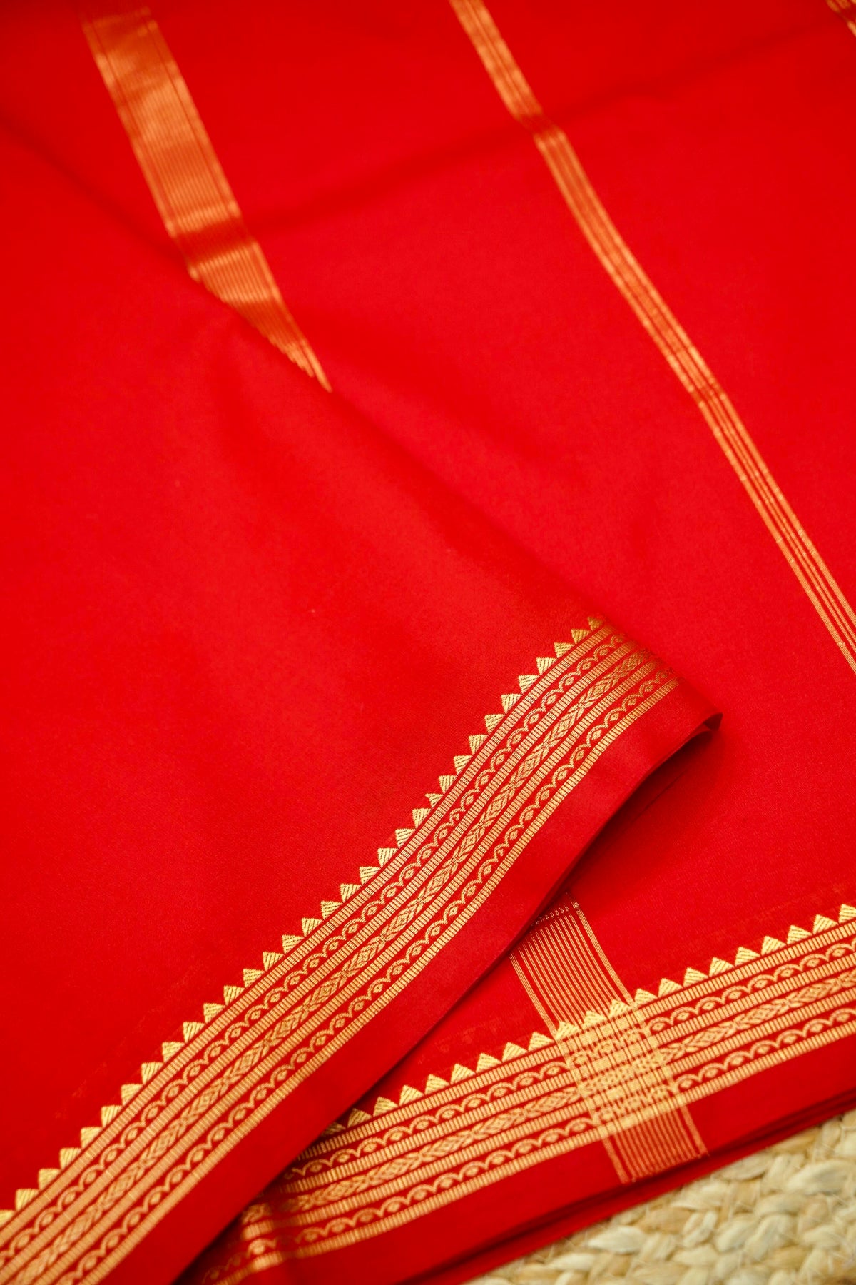 Suvarna - Bright Vermilion Red Mysore Crepe Silk Saree with Gold Kaat Border
