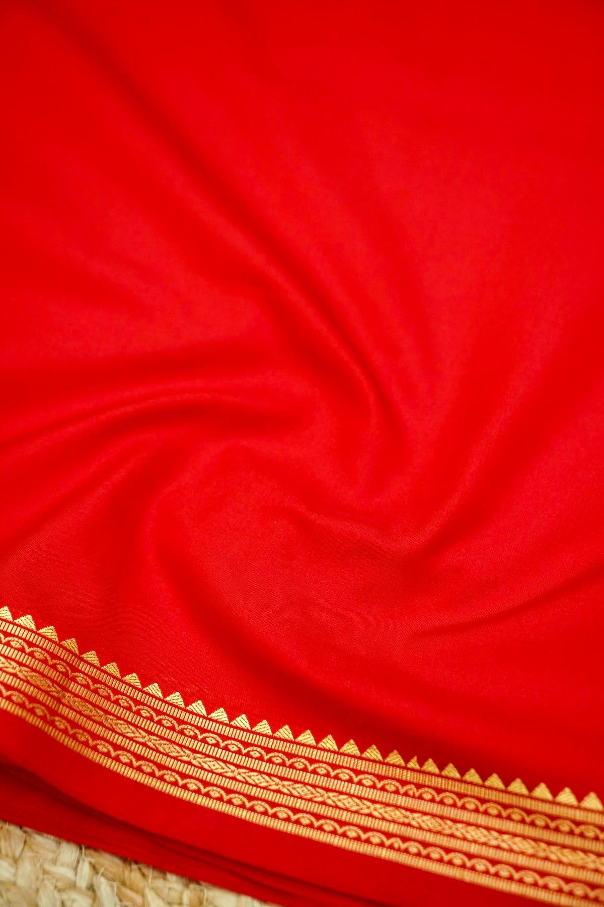 Suvarna - Bright Vermilion Red Mysore Crepe Silk Saree with Gold Kaat Border