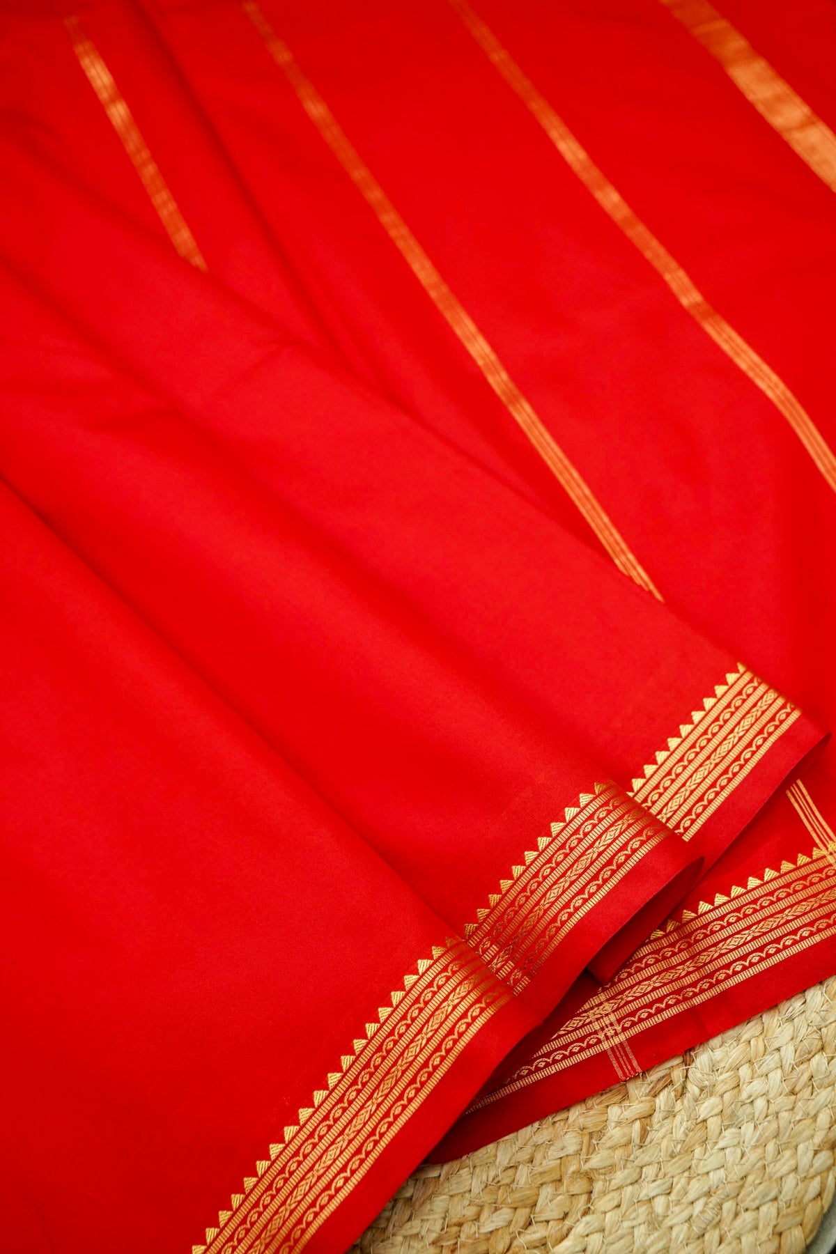 Suvarna - Bright Vermilion Red Mysore Crepe Silk Saree with Gold Kaat Border