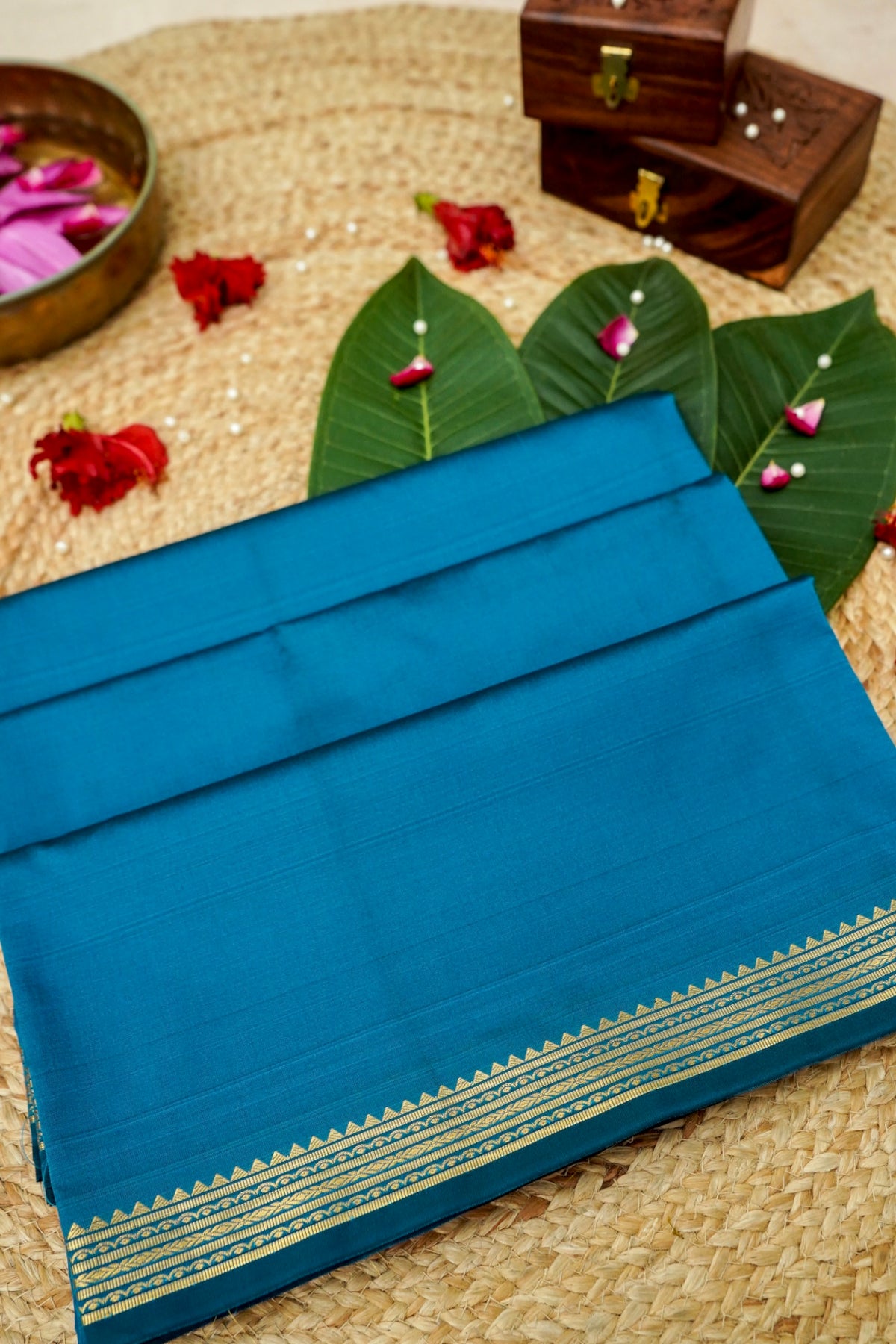 Suvarna - Peacock Blue Mysore Crepe Silk Saree with Gold Kaat Border