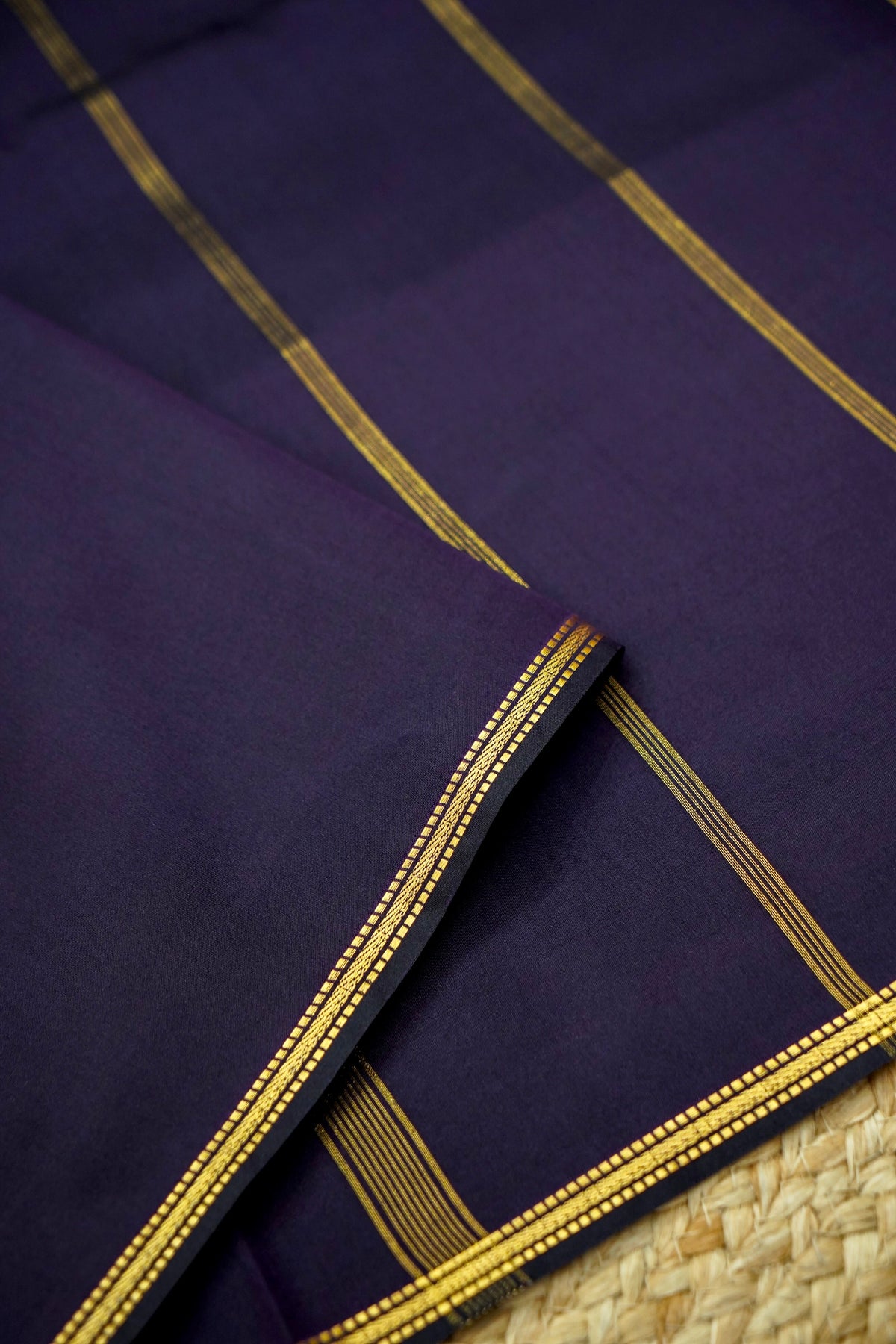 Suvarna - Deep Navy Blue Mysore Crepe Silk Saree with Gold Fine Border