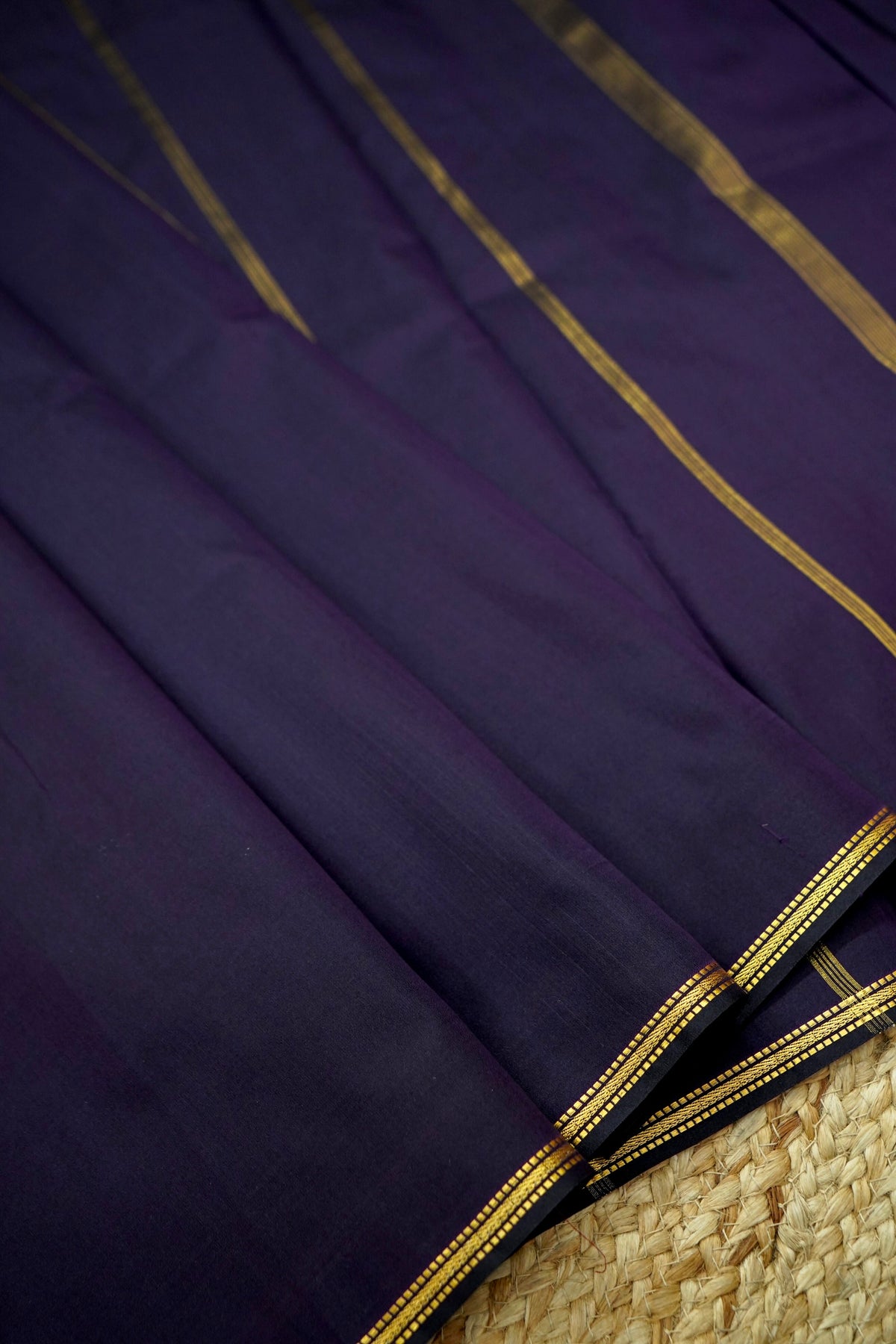 Suvarna - Deep Navy Blue Mysore Crepe Silk Saree with Gold Fine Border