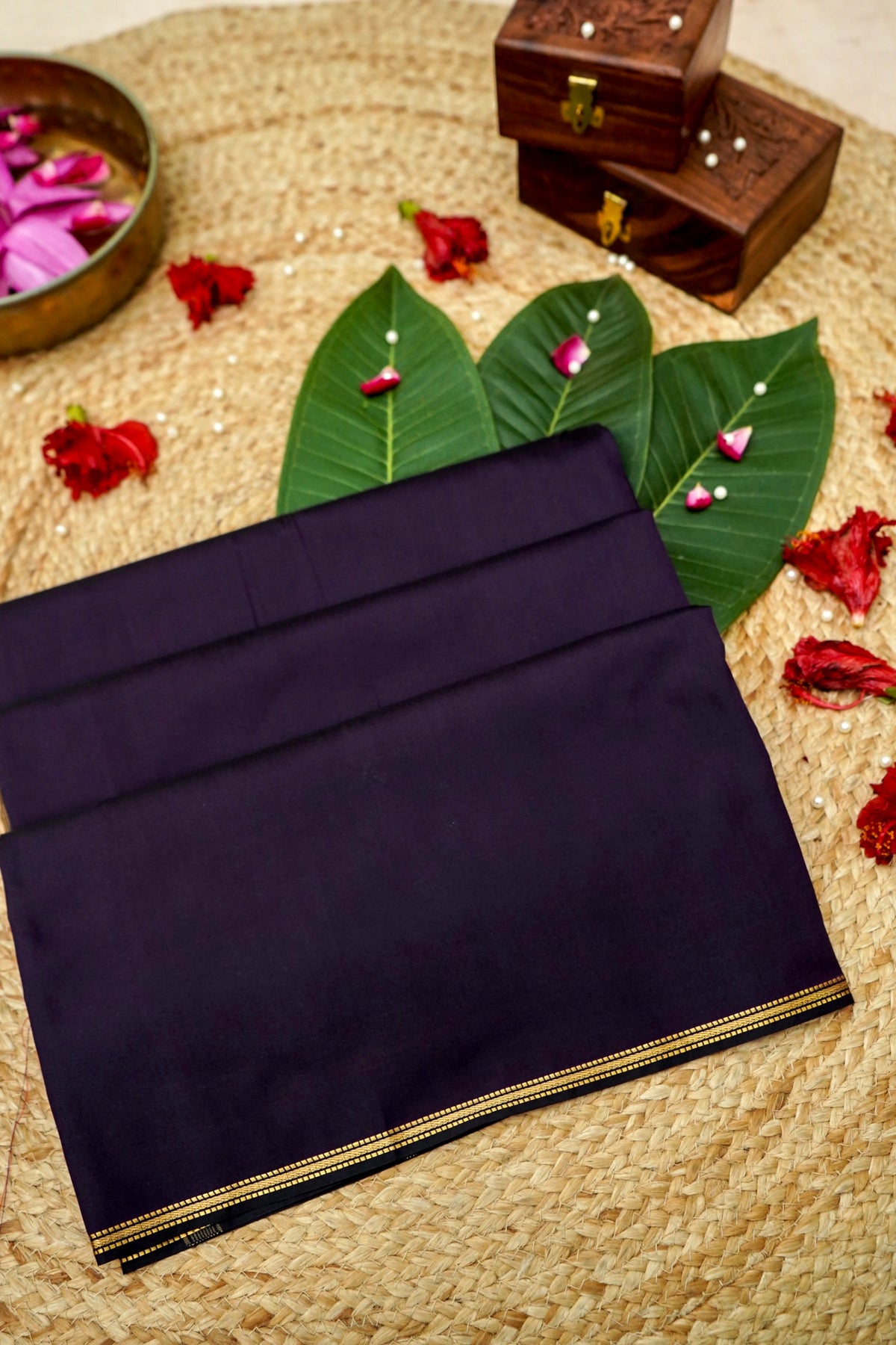 Suvarna - Deep Navy Blue Mysore Crepe Silk Saree with Gold Fine Border