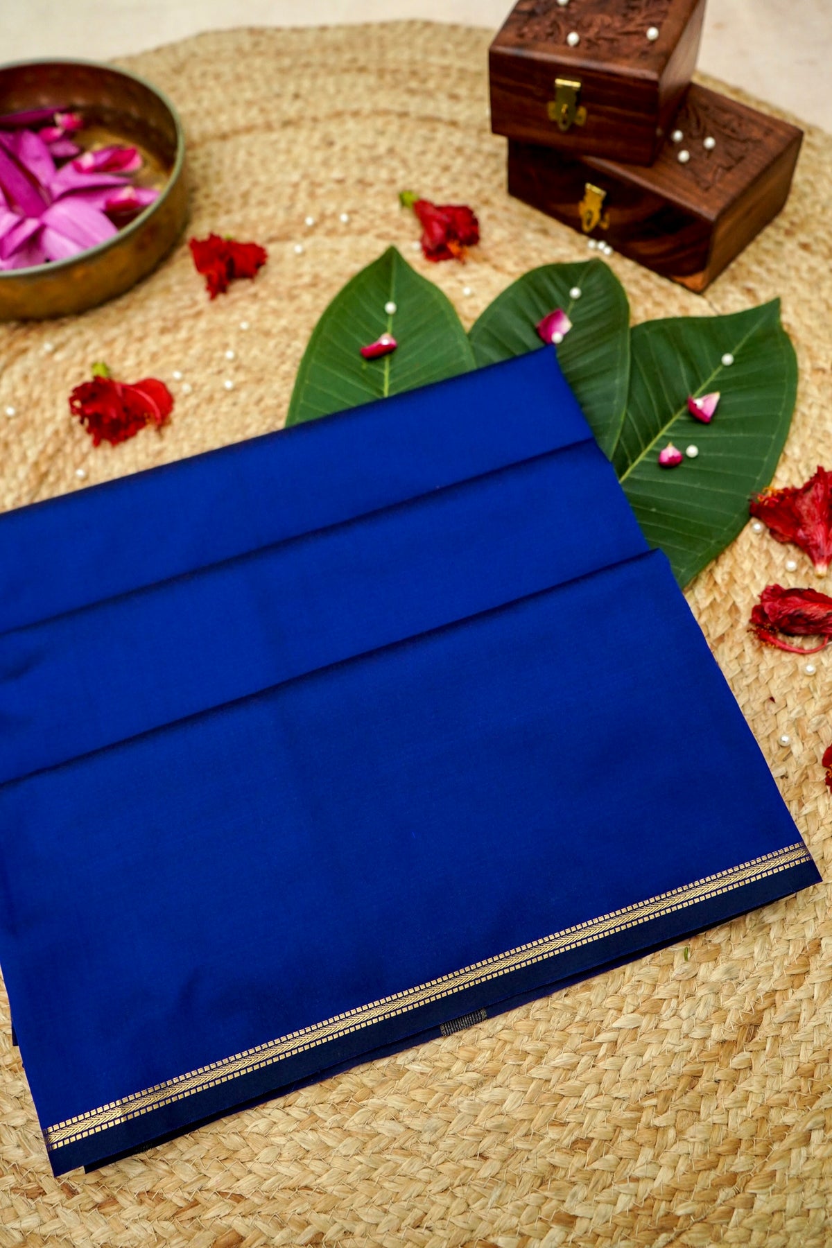 Suvarna - Royal Blue Mysore Crepe Silk Saree with Gold Fine Border