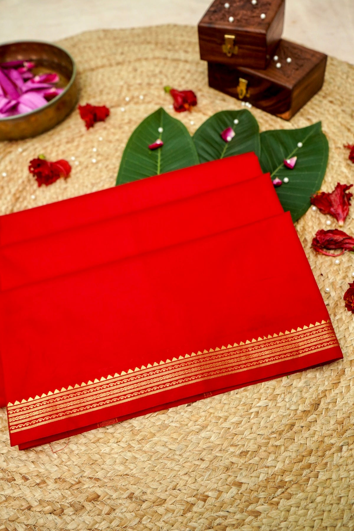 Suvarna - Bright Vermilion Red Mysore Crepe Silk Saree with Gold Kaat Border