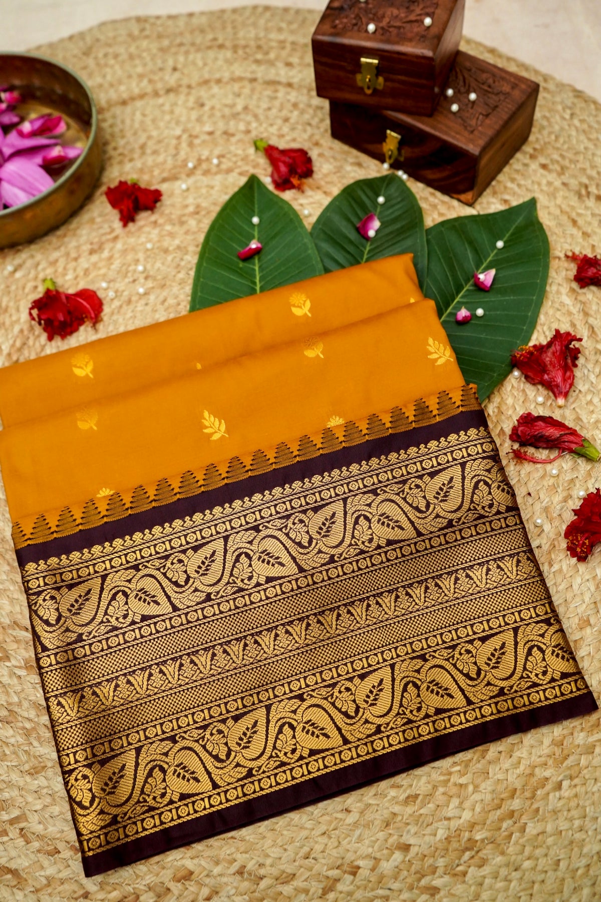 Suvarna - Mustard Orange Gadwal Silk Saree with Dark Maroon Gold Border