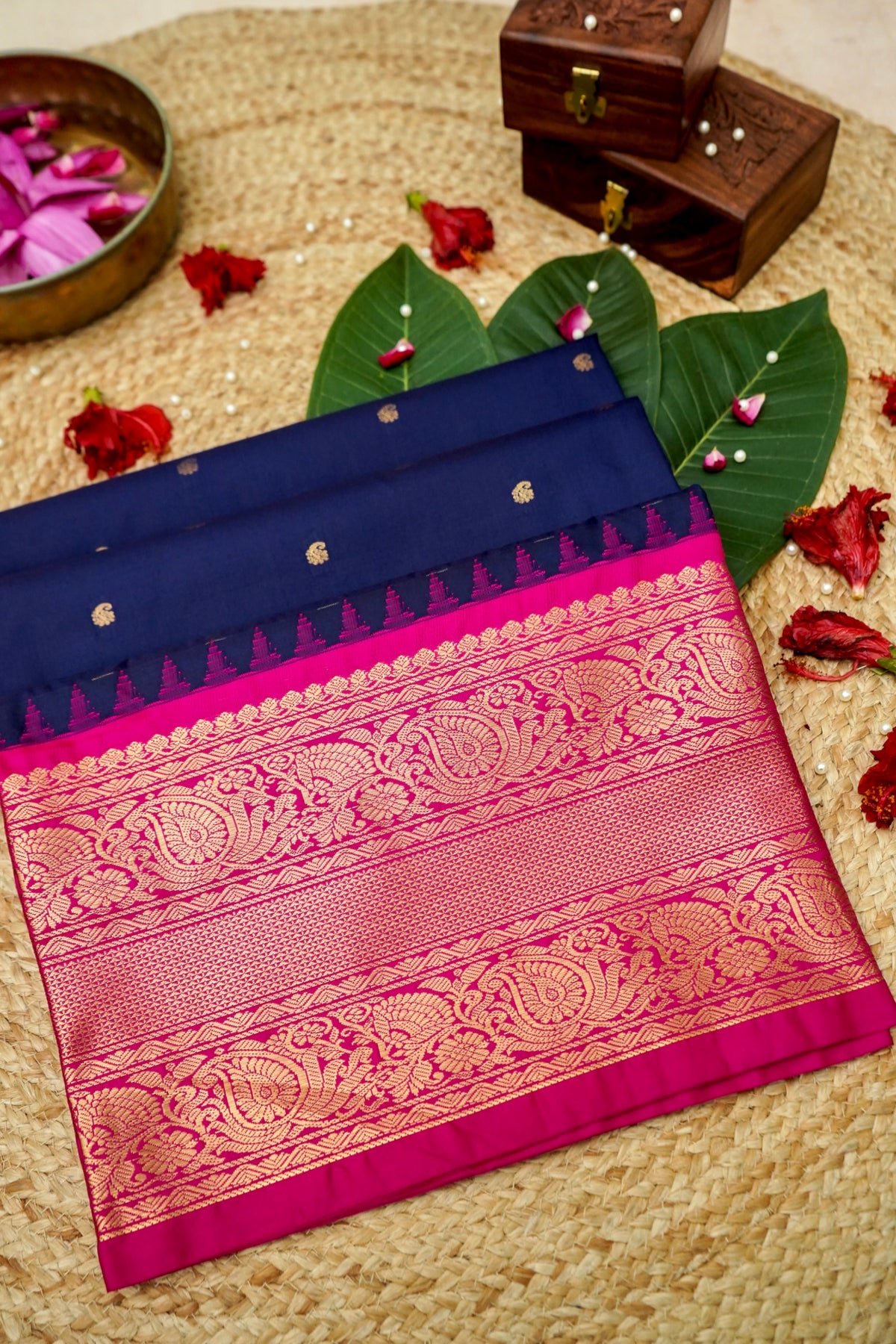 Suvarna - Navy Blue Gadwal Silk Saree with Rani Pink Gold Border