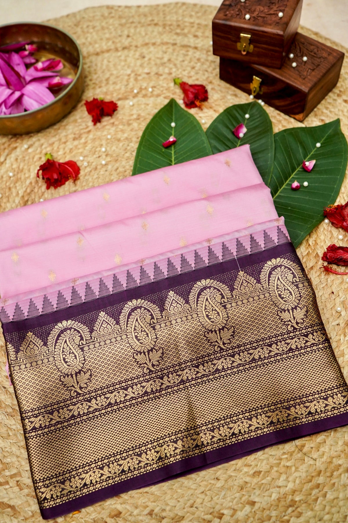 Suvarna - Baby Pink Gadwal Silk Saree with Dark Purple Gold Border