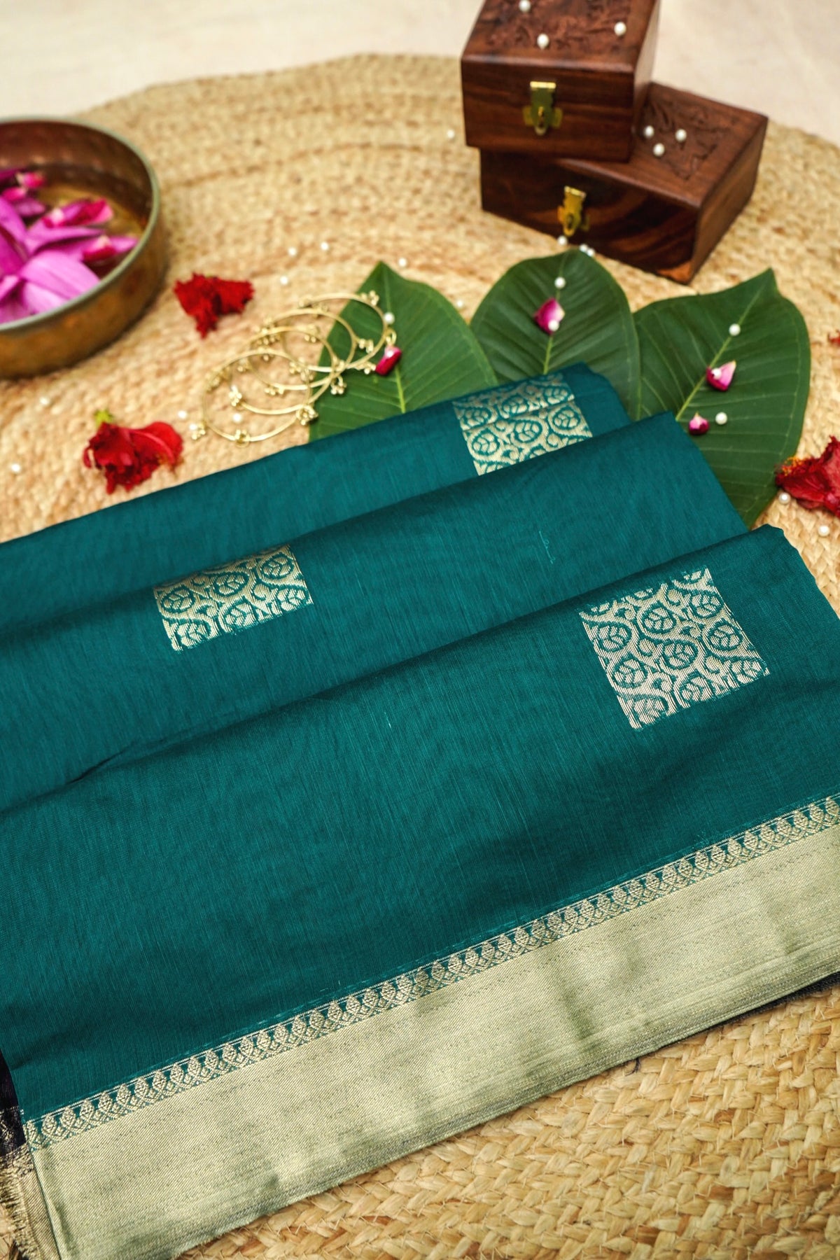 Suvarna - Peacock Teal Maheshwari Silk Saree with Antique Gold Border