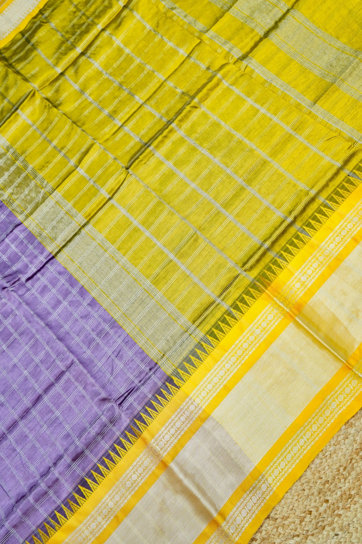 Suvarna - Lavender Purple Gadwal Silk Saree with Mustard Gold Border