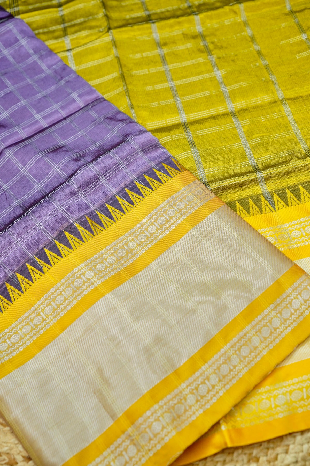Suvarna - Lavender Purple Gadwal Silk Saree with Mustard Gold Border