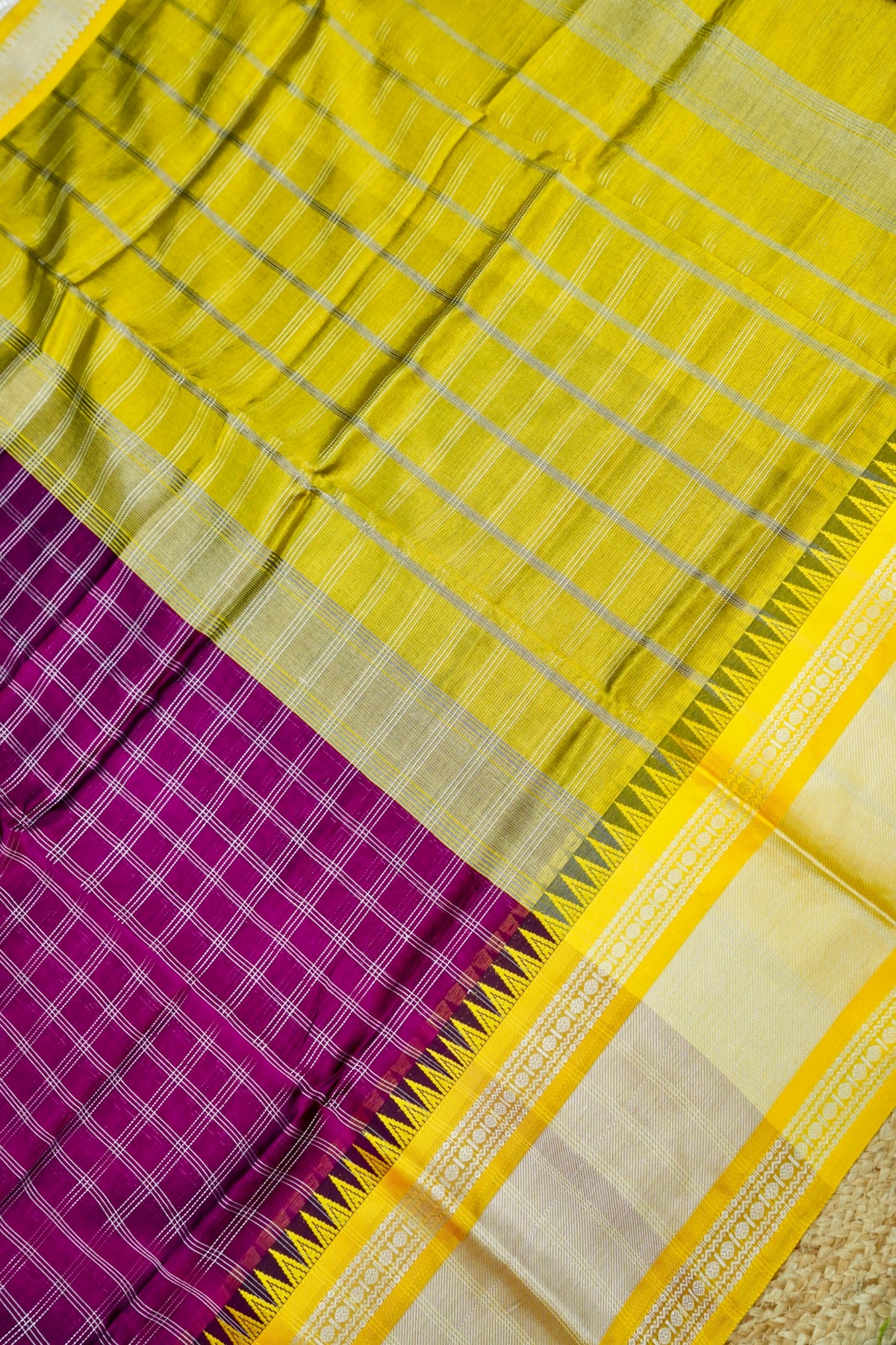Suvarna - Deep Magenta Purple Gadwal Silk Saree with Mustard Gold Border