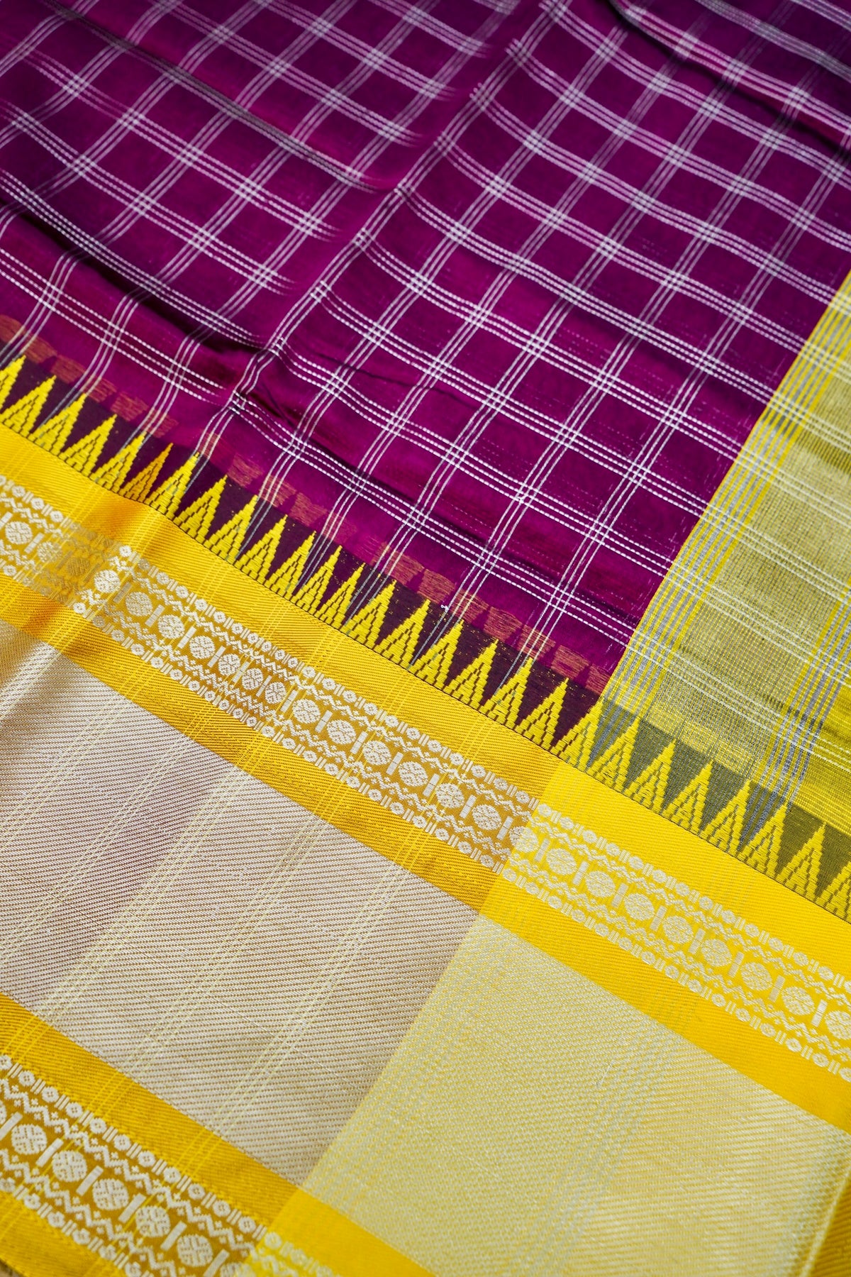 Suvarna - Deep Magenta Purple Gadwal Silk Saree with Mustard Gold Border