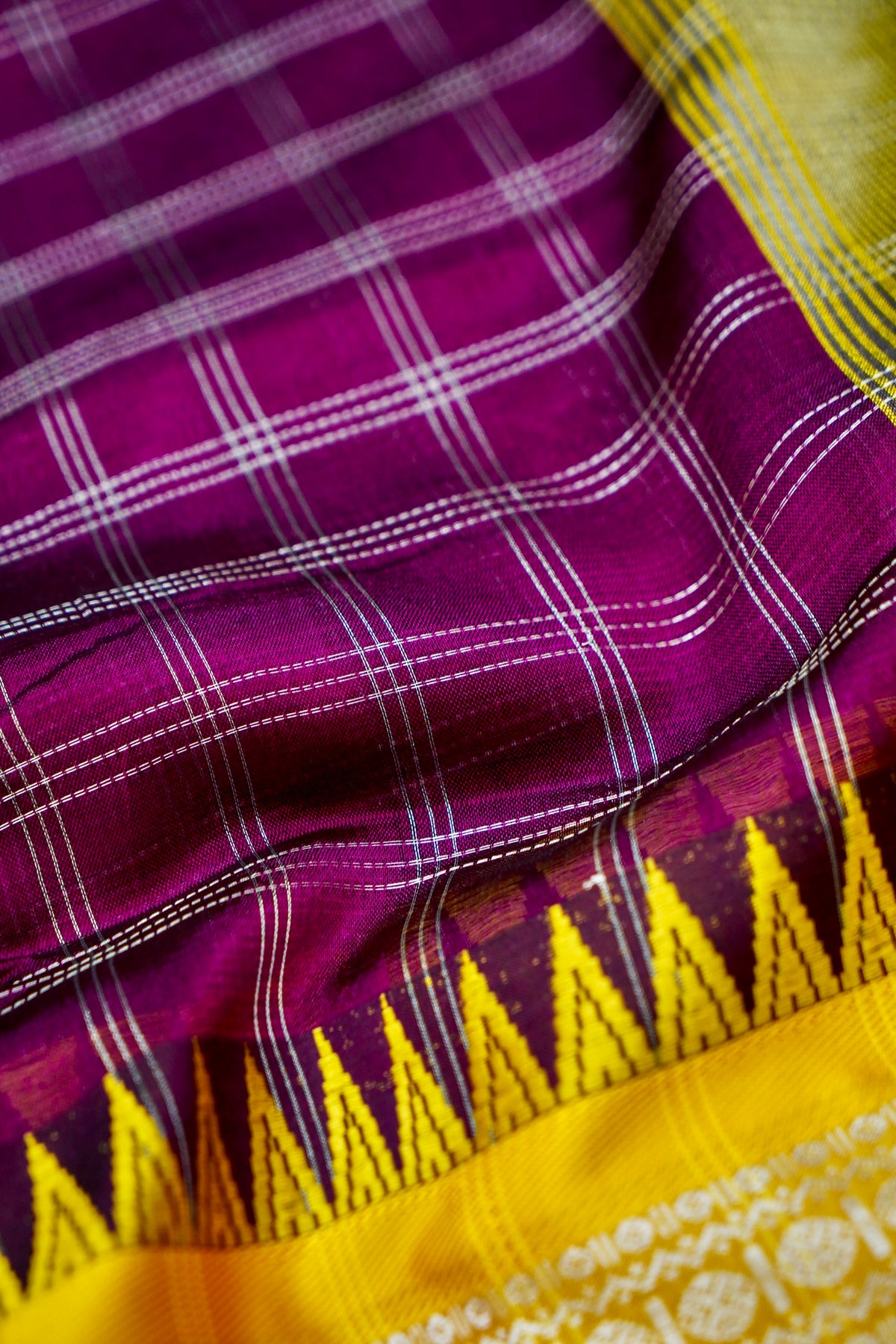 Suvarna - Deep Magenta Purple Gadwal Silk Saree with Mustard Gold Border