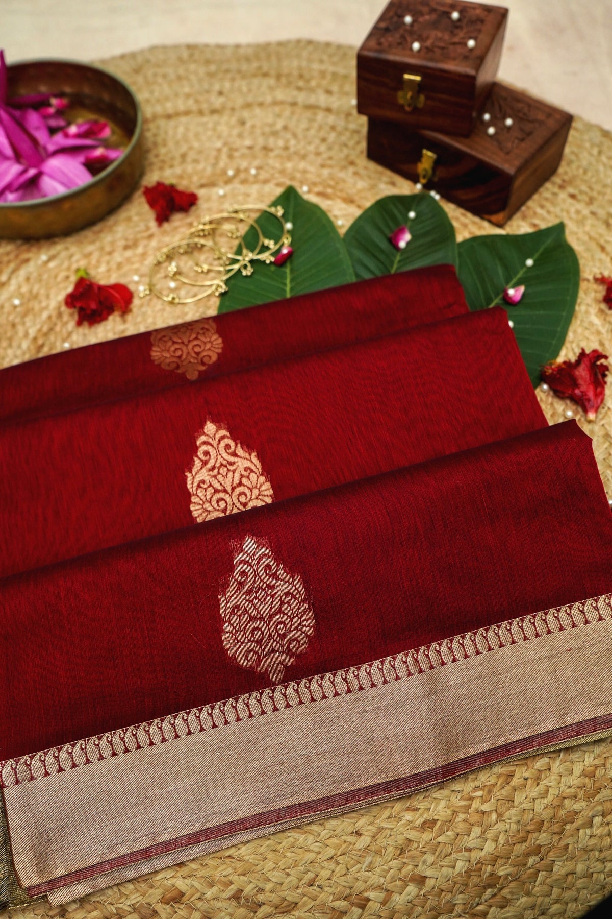 Suvarna - Deep Crimson Red Maheshwari Silk Saree with Antique Gold Border
