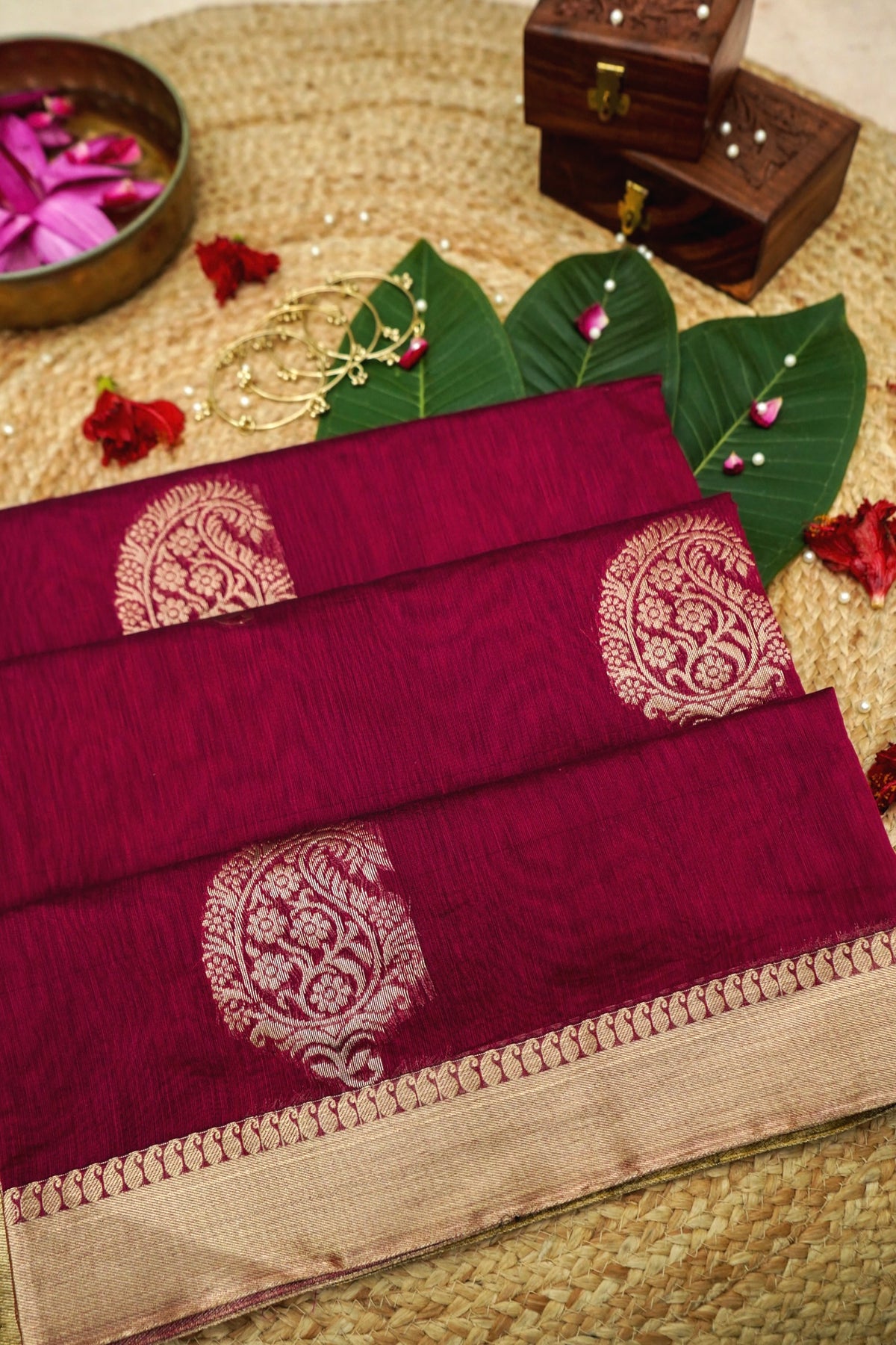 Suvarna - Wine Maroon Maheshwari Silk Saree with Antique Gold Border