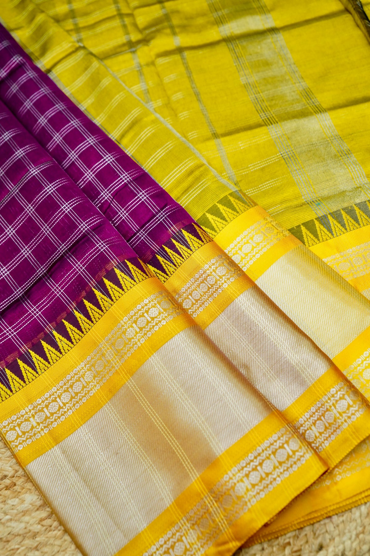 Suvarna - Deep Magenta Purple Gadwal Silk Saree with Mustard Gold Border