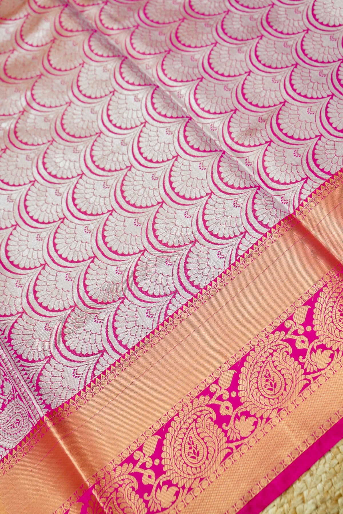 Suvarna – Pure Kanjivaram Silk Saree in Peach Gold and Rani Pink with 1g Gold Zari
