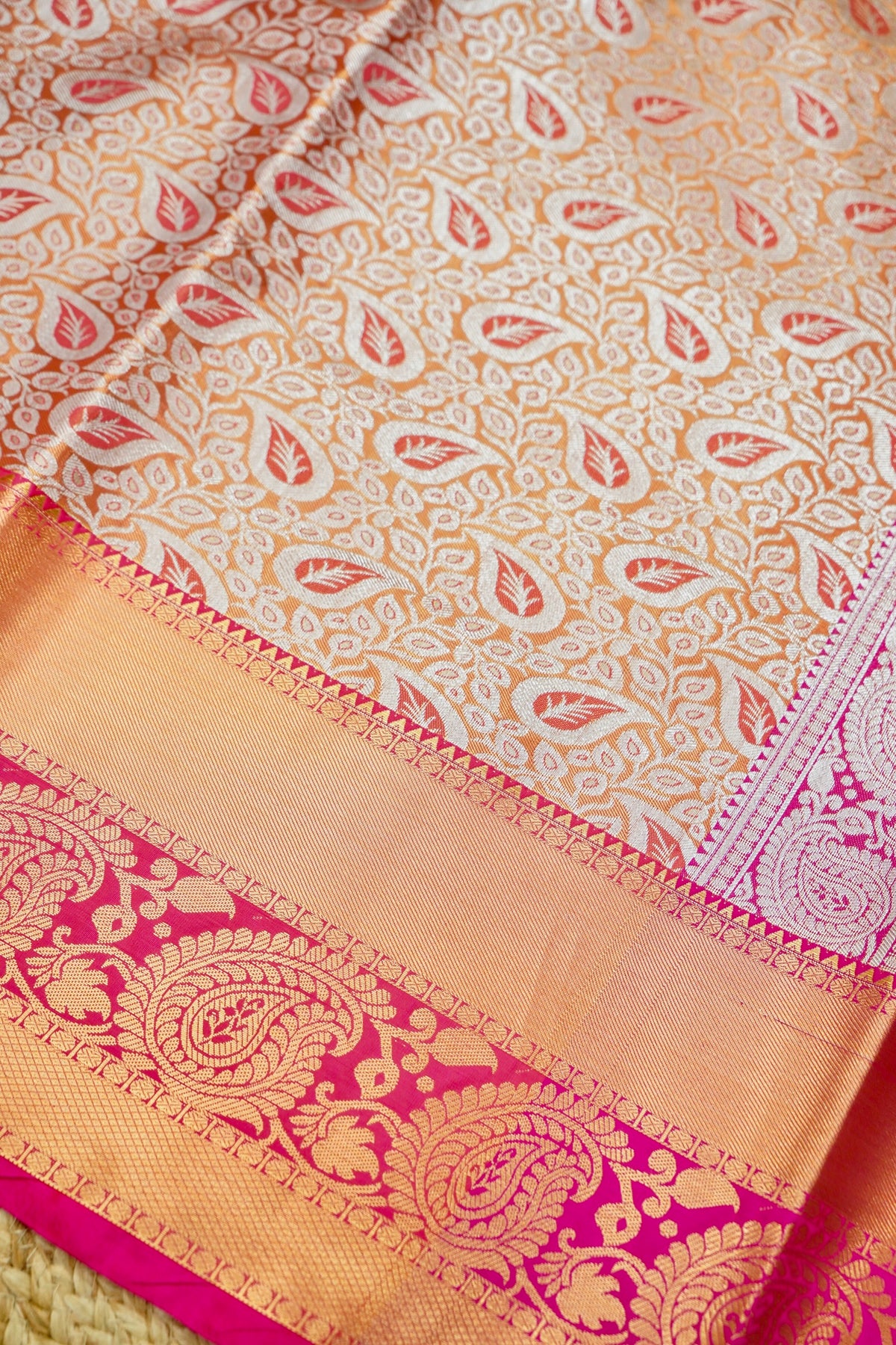 Suvarna – Pure Kanjivaram Silk Saree in Peach Gold and Rani Pink with 1g Gold Zari