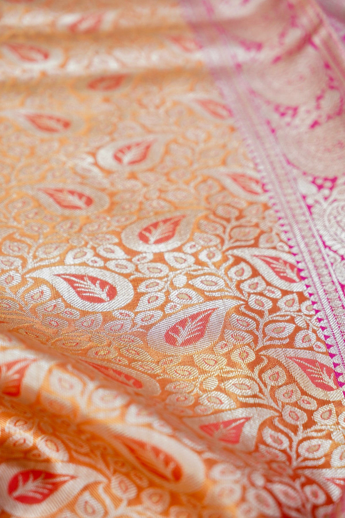Suvarna – Pure Kanjivaram Silk Saree in Peach Gold and Rani Pink with 1g Gold Zari