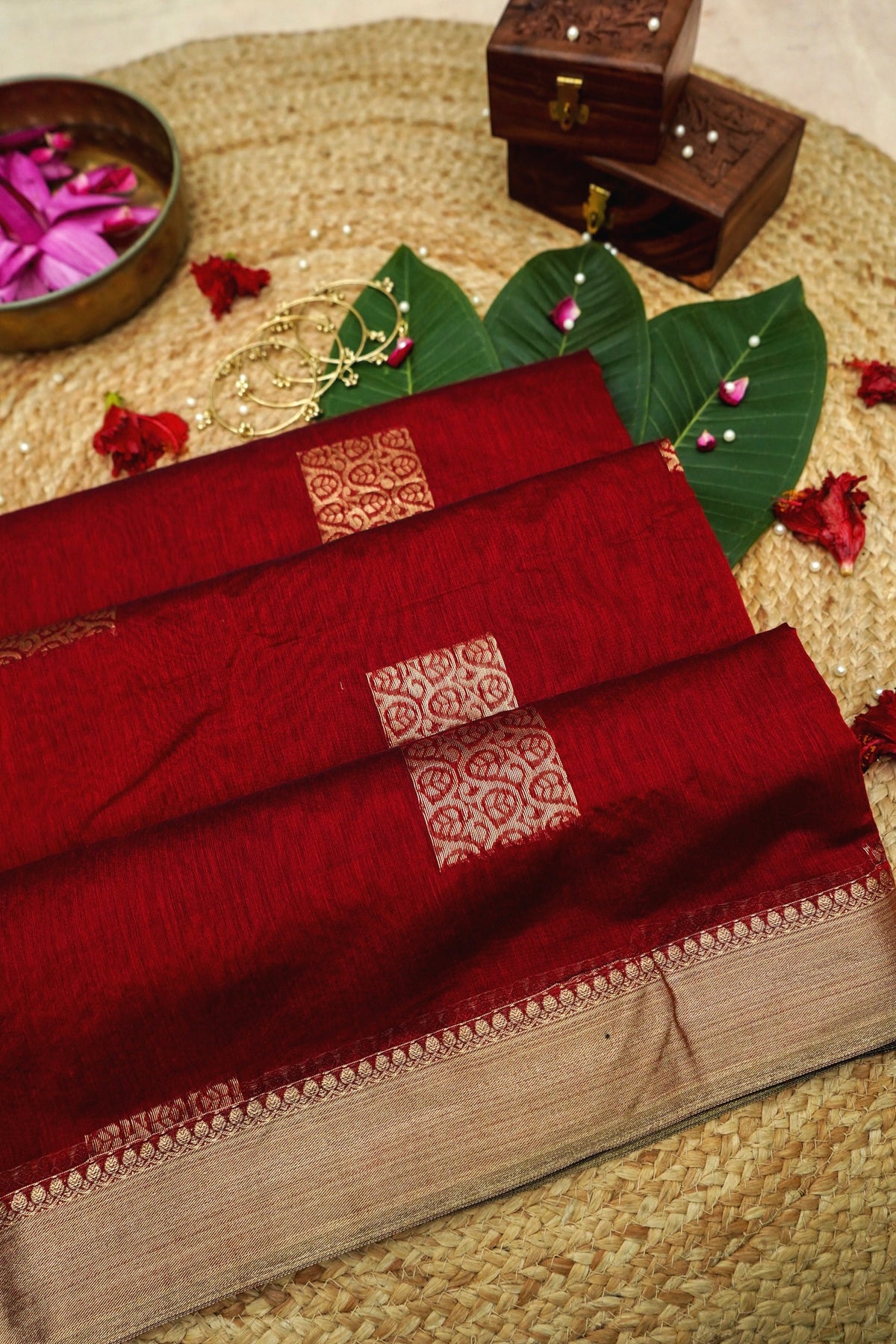 Suvarna - Dark Maroon Red Maheshwari Silk Saree with Antique Gold Border