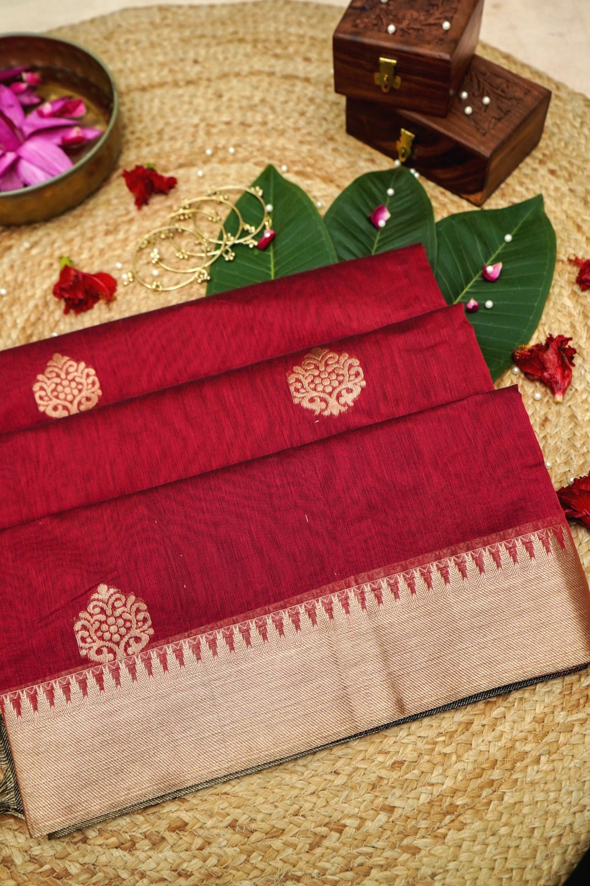 Suvarna - Rani Pink Maheshwari Silk Saree with Antique Gold Border