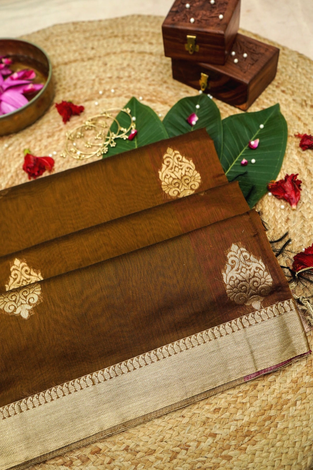 Suvarna - Rust Brown Maheshwari Silk Saree with Antique Gold Border