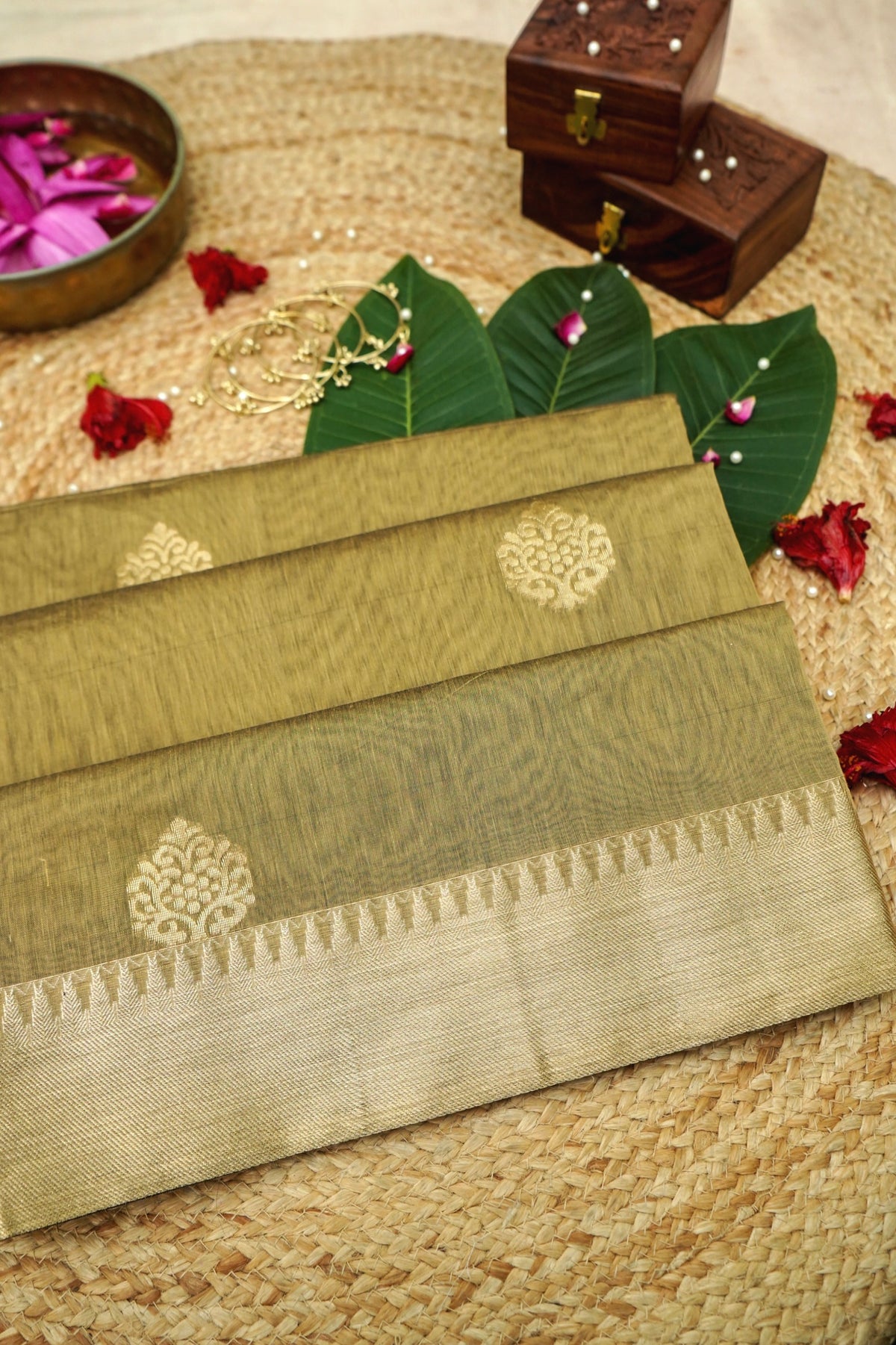 Suvarna - Sage Olive Green Maheshwari Silk Saree with Antique Gold Border