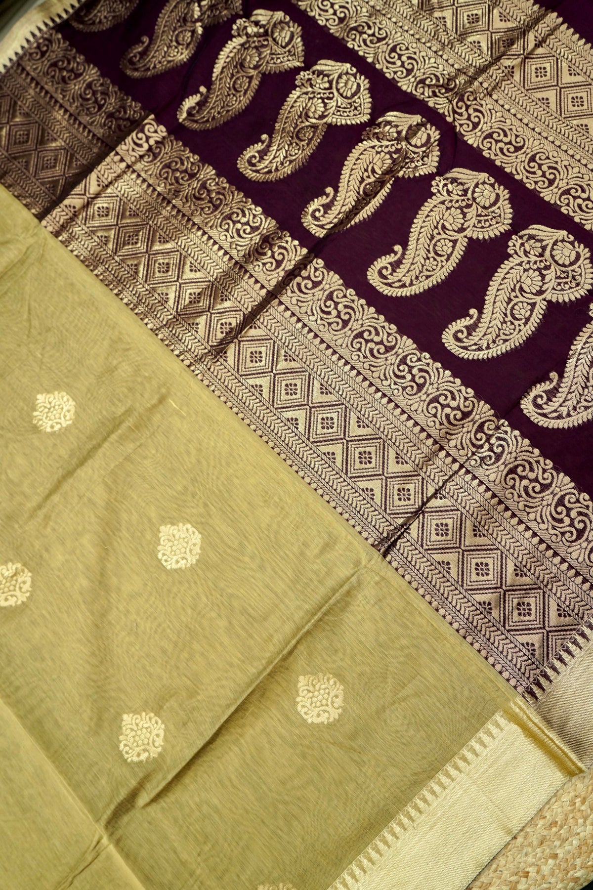 Suvarna - Sage Olive Green Maheshwari Silk Saree with Antique Gold Border