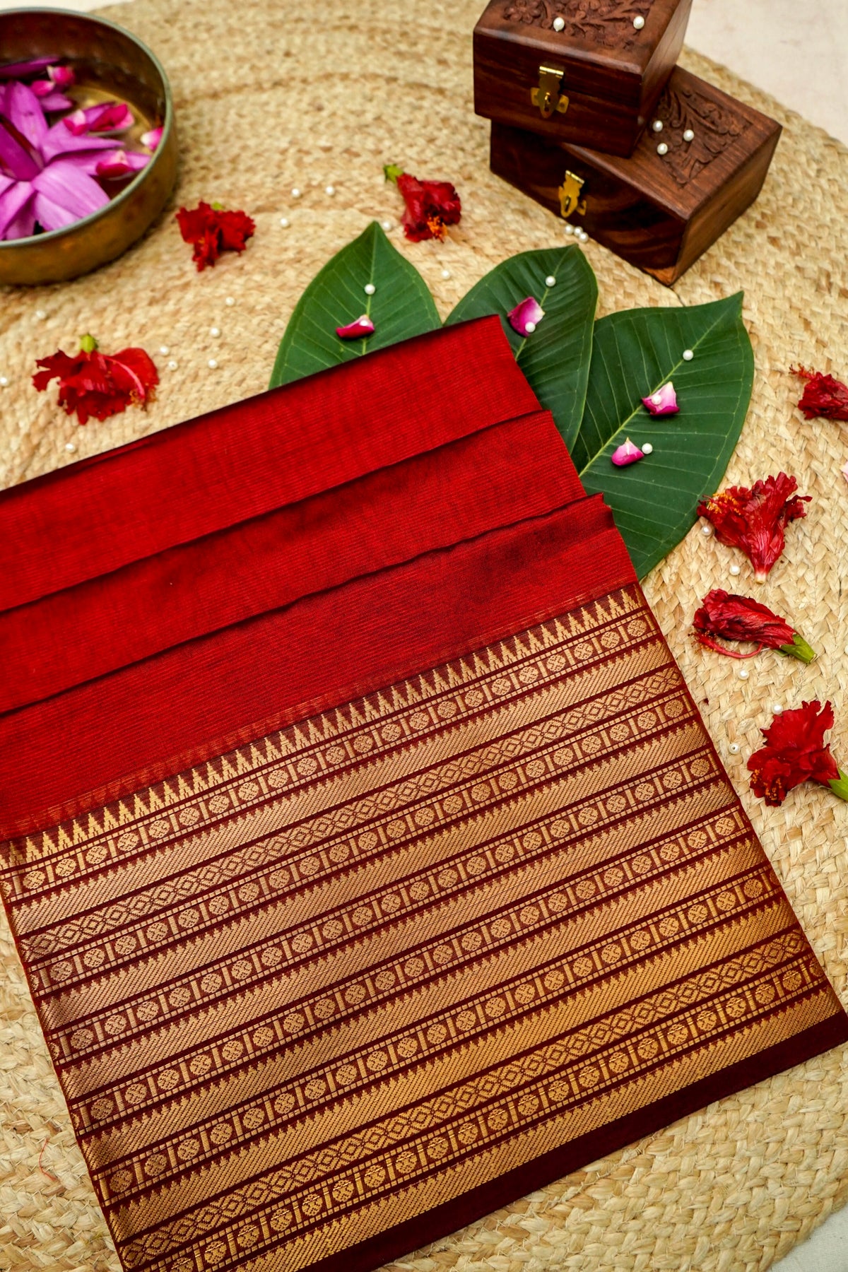 Suvarna - Ruby Red Gadwal Silk Saree with Antique Gold Zari Border