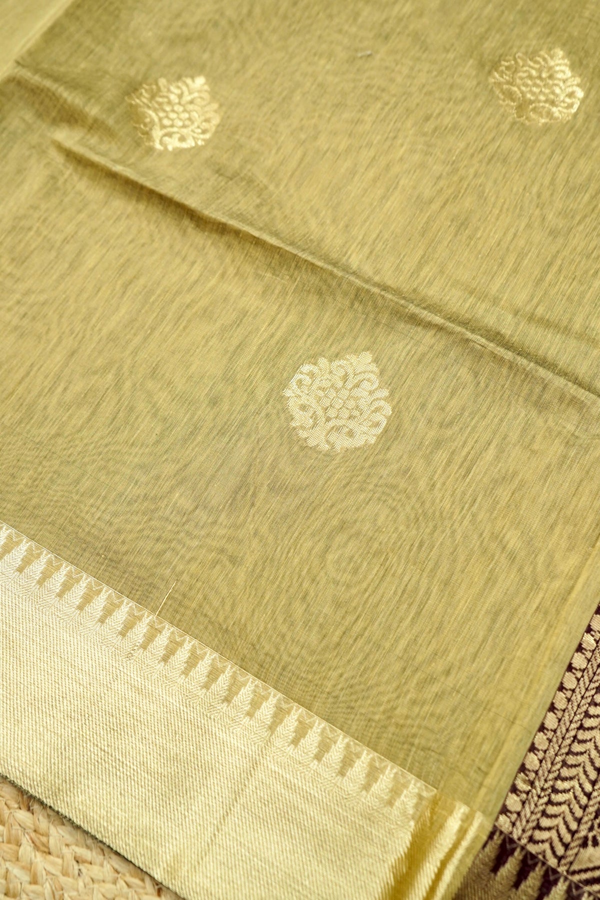 Suvarna - Sage Olive Green Maheshwari Silk Saree with Antique Gold Border