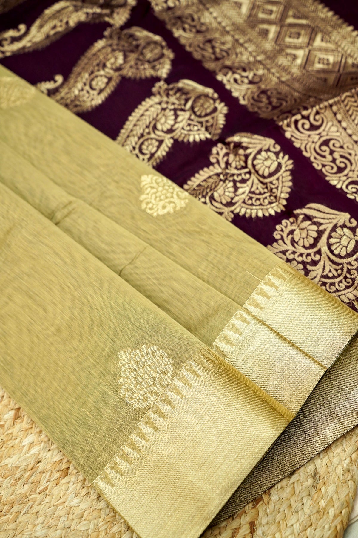 Suvarna - Sage Olive Green Maheshwari Silk Saree with Antique Gold Border