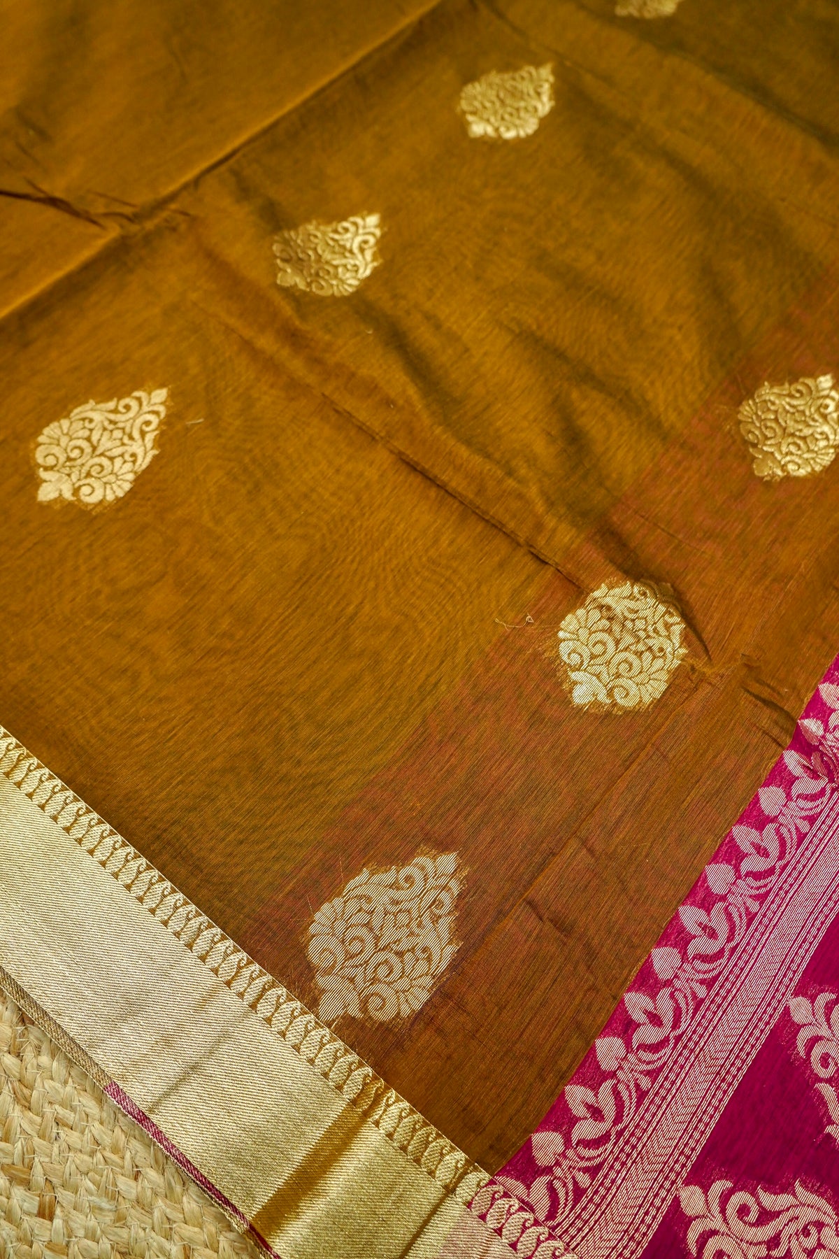 Suvarna - Rust Brown Maheshwari Silk Saree with Antique Gold Border