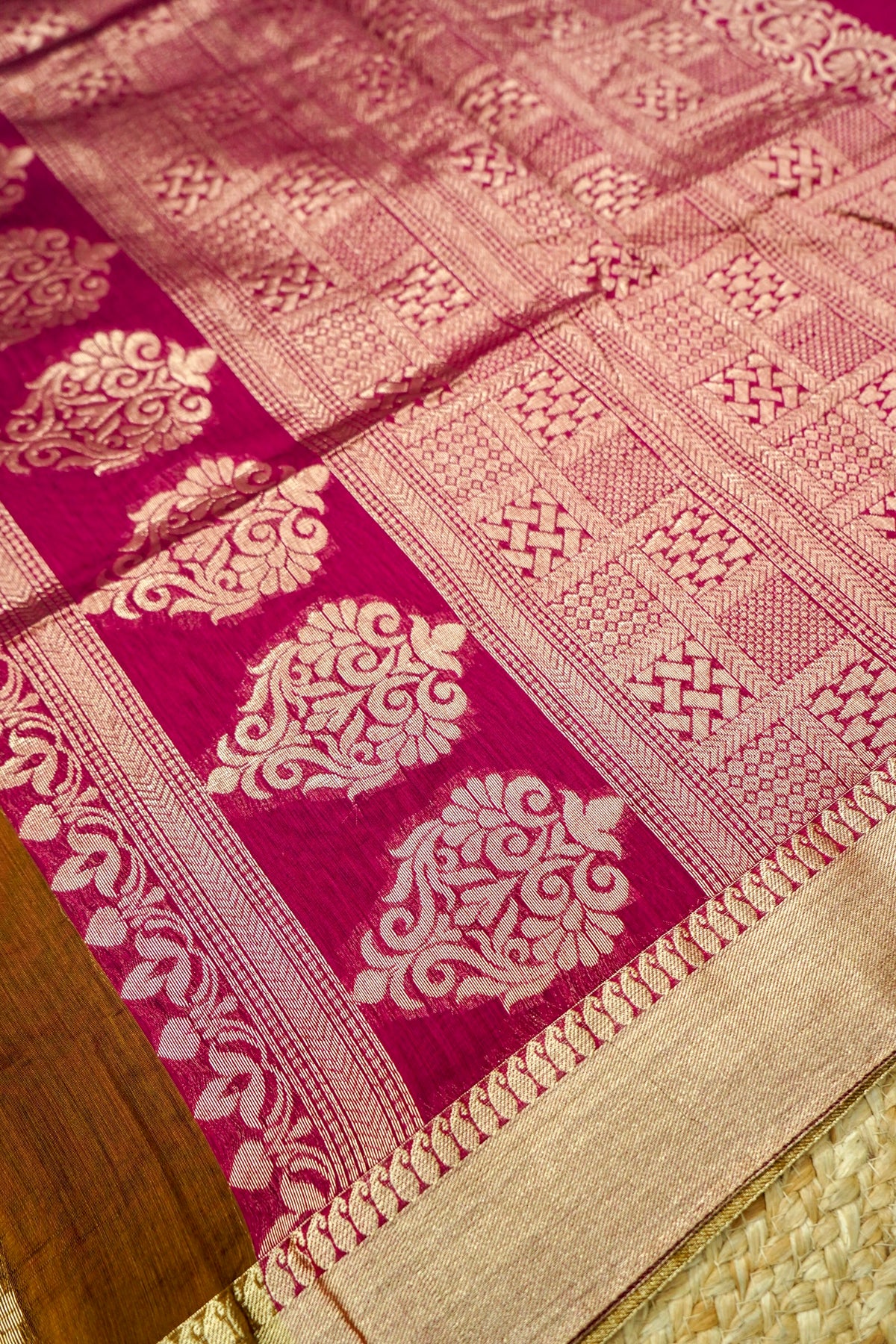 Suvarna - Rust Brown Maheshwari Silk Saree with Antique Gold Border