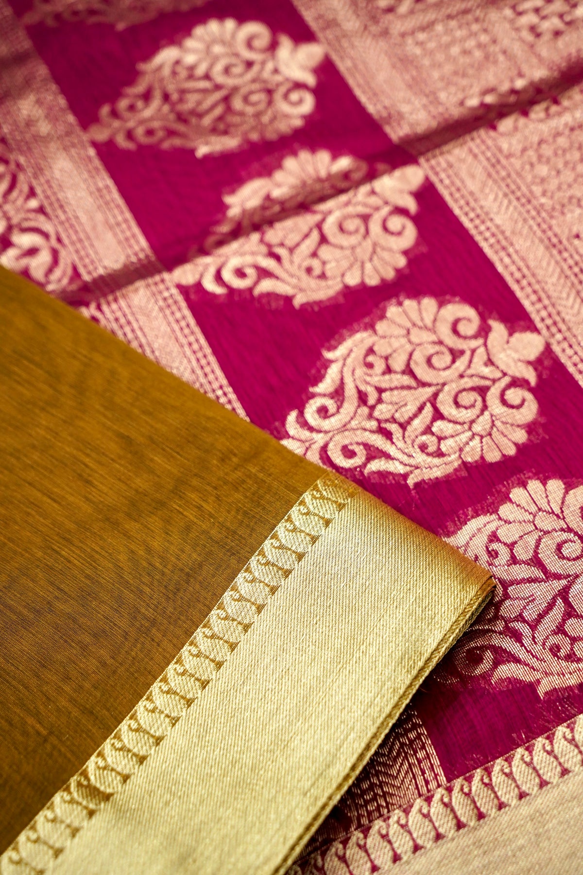 Suvarna - Rust Brown Maheshwari Silk Saree with Antique Gold Border