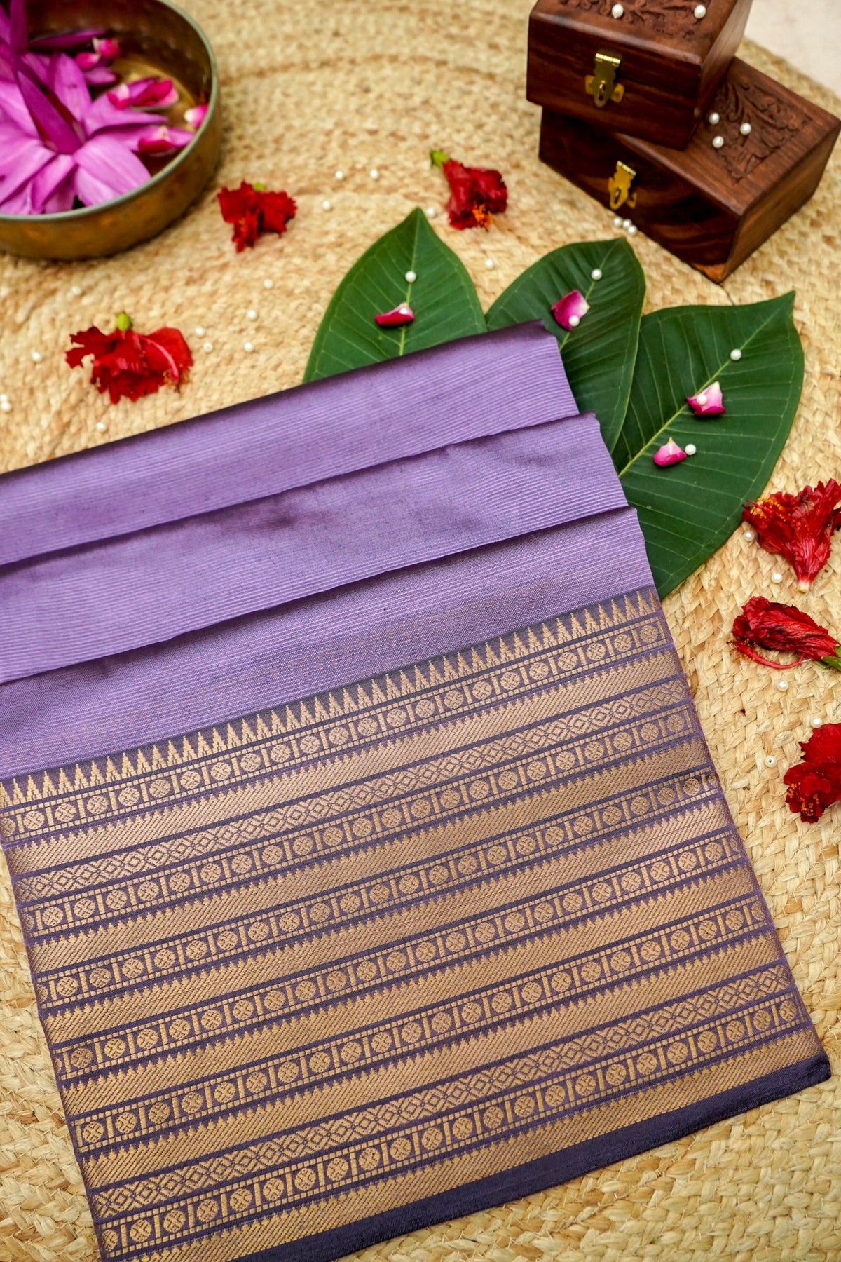 Suvarna - Lavender Gadwal Silk Saree with Antique Gold Zari Border