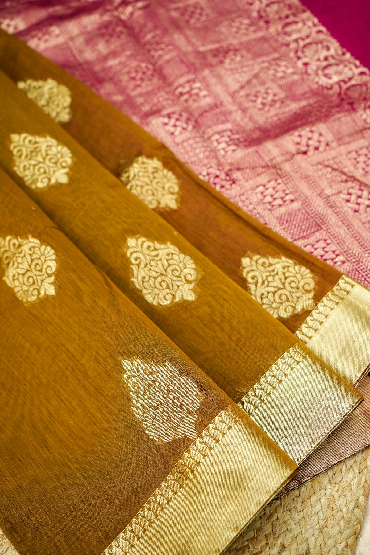 Suvarna - Rust Brown Maheshwari Silk Saree with Antique Gold Border