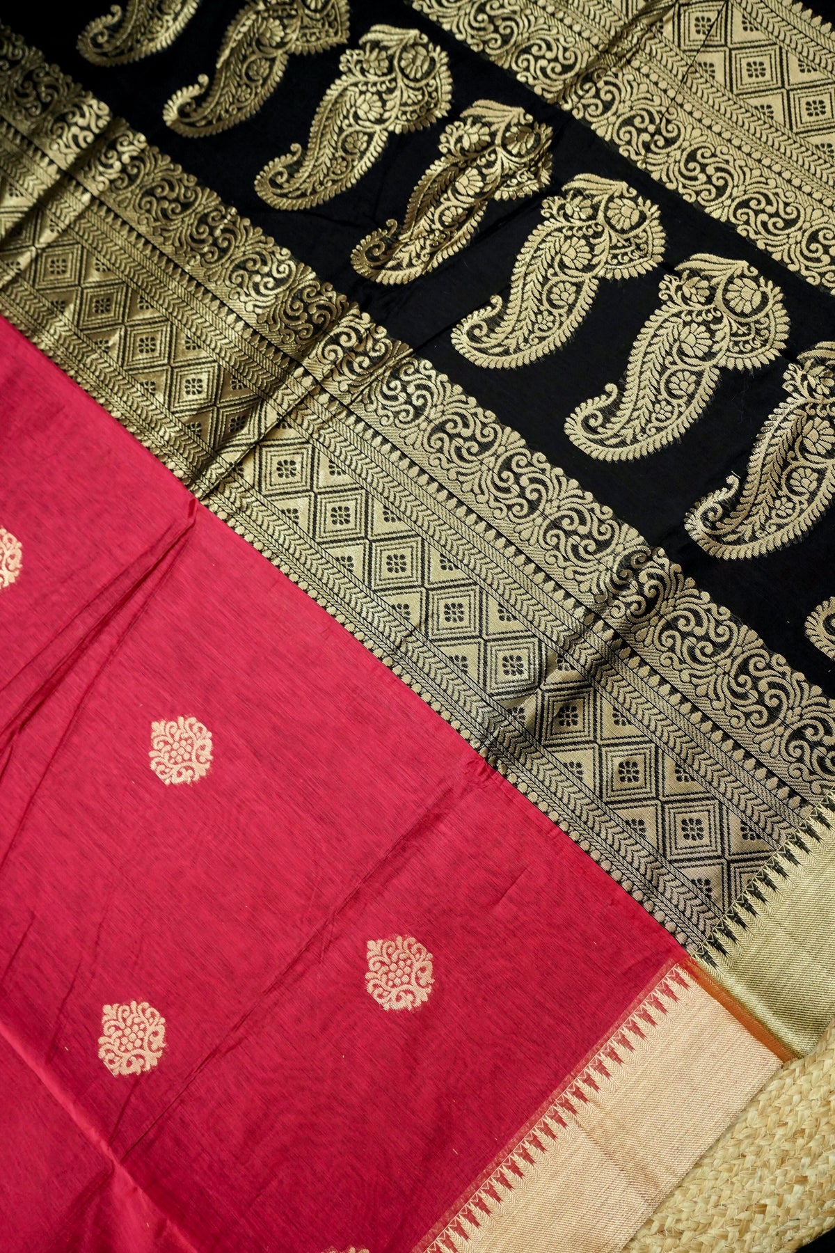 Suvarna - Rani Pink Maheshwari Silk Saree with Antique Gold Border