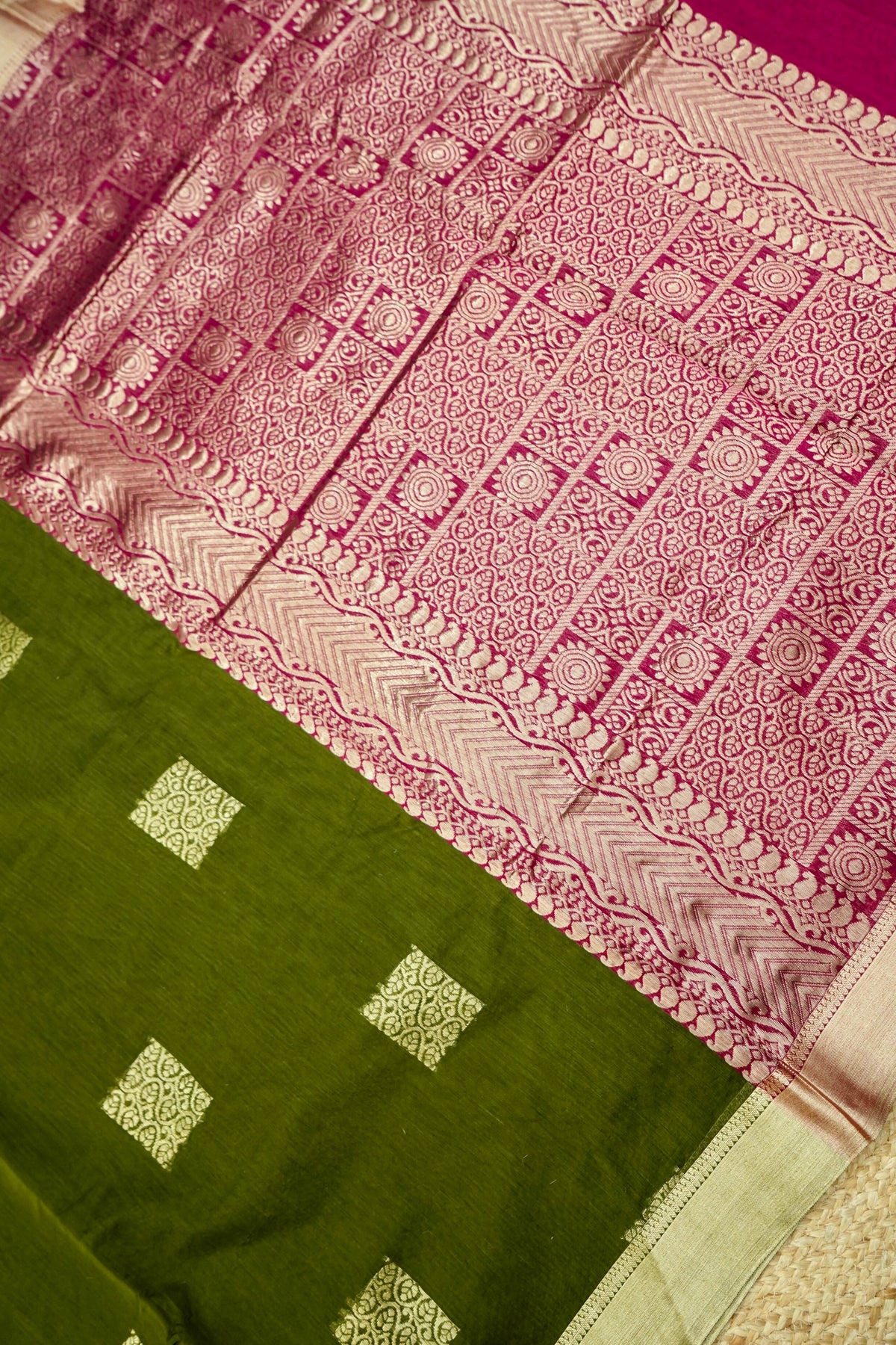 Suvarna - Dark Olive Green Maheshwari Silk Saree with Antique Gold Border